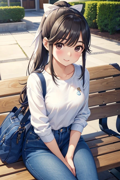 Takane Manaka、 Shiny brown long hair、White ribbon ponytail, beautiful brown eyed middle school students 、smile、Sparkling Eyes, (fine grain)、 very detailed eyes、 very detailed face ,  very detailed eyes, masterpiece, Best Quality,  Hi-Res, (Best Quality,masterpiece:1.2),Alone,Alone、 cowboy shots、


 ( sitting on a bench ),  (Refreshing knit ) (denim pants),  mature woman , / 優しいsmile, (マスターピース Best Quality:1.2)  are a delicate illustration , Super detailed,  ( typical college campus) Outdoor, casual bag , noon,  detailed background 