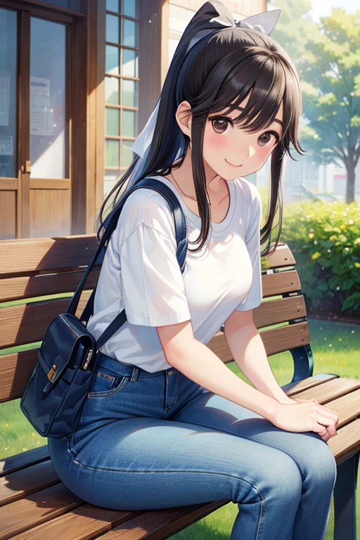 Takane Manaka、 Shiny brown long hair、White ribbon ponytail, beautiful brown eyed middle school students 、smile、Sparkling Eyes, (fine grain)、 very detailed eyes、 very detailed face ,  very detailed eyes, masterpiece, Best Quality,  Hi-Res, (Best Quality,masterpiece:1.2),Alone,Alone、 cowboy shots、


 ( sitting on a bench ),  (Refreshing knit ) (denim pants),  mature woman , / 優しいsmile, (マスターピース Best Quality:1.2)  are a delicate illustration , Super detailed,  ( typical college campus) Outdoor, casual bag , noon,  detailed background 