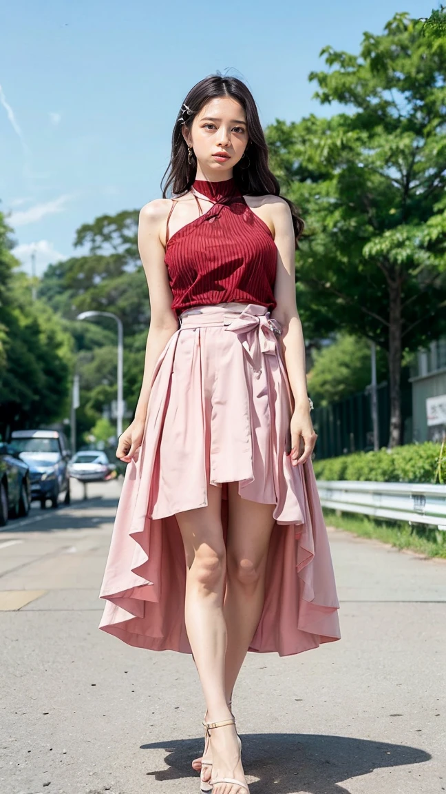 Trapeze girl。She wears a red dress and a white hat.、She has short black hair.。Although she bravely turned over,,,,,,,,,,,,、The smile is very cute。There were no socks or shoes on her feet、Barefoot on trapeze。She looked free and happy.、The envy of viewers。Blue sky and clouds on background、Skyscrapers and Ferris wheels can be seen in the distance。In contrast to the hustle and bustle of the city、She plays quietly in the air、The skirt flips up.