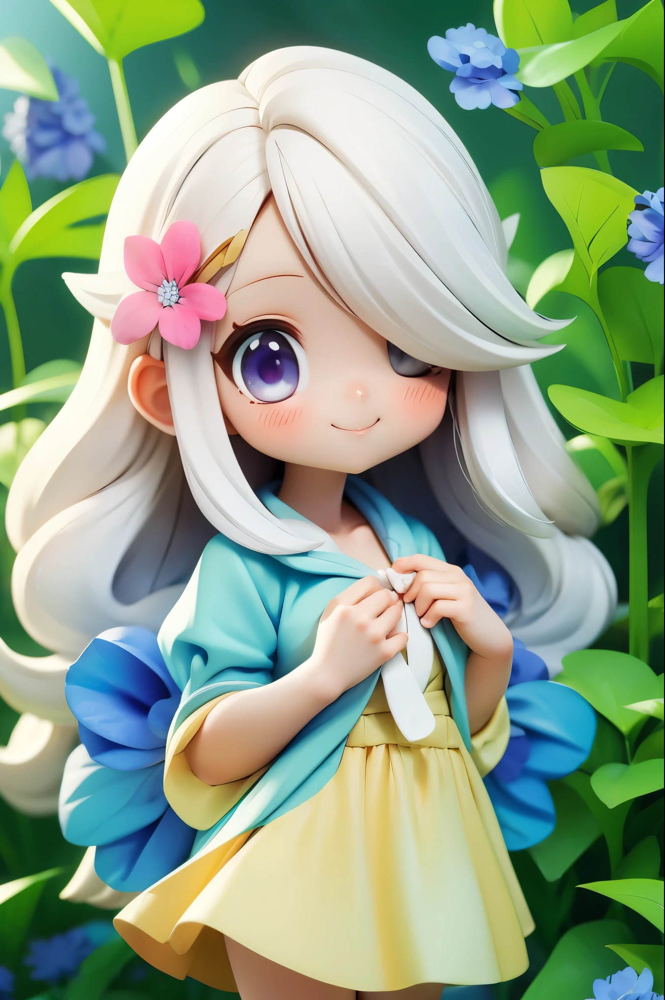 1girl,standing,white_hair,bluejoucho,hair over one eye, cowboy shot,light smile, nemophila \(flower\), anemone \(flower\), wisteria, garden, hand on own chest,