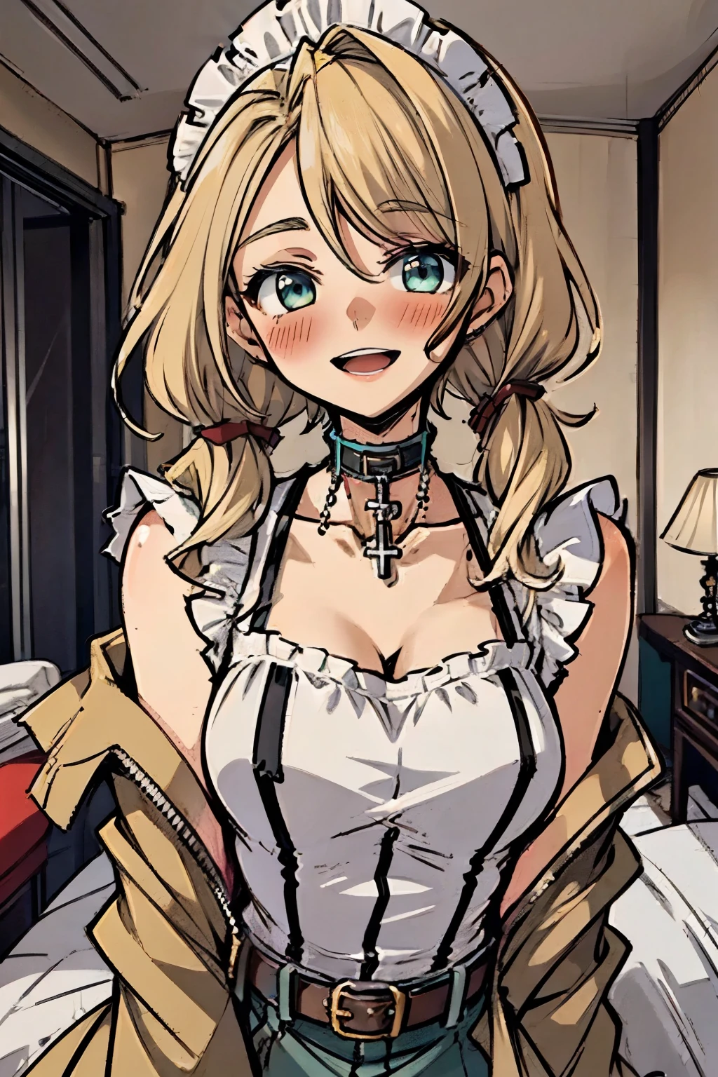 (masterpiece:1.2), (high quality:1.2), rekkyo sensen, rekkyou sensen, girls with(((1girl, solo, aiden d adams, blonde hair, teal eyes, smiling, blush, opened mouth, maid headdress, wavy medium hair, right swept bangs, low twintail:1.3), maid, breasts, choker, cleavage, coat, cowboy shot, (white frilled dress:1.2), camisole, white apron, straight skirt, straight dress, off-shoulder sleeves, bare shoulders, ribbon waist belt, collar, collarbone, rosary, rosary choker, cross, fur, khaki hoodie, green hoodie, hood down, hooded coat, hooded jacket, hoodie, jacket, large breasts, long sleeves, medium breasts, open clothes, open coat,open hoodie, sleeveless, winter clothes, cleavage, upper body, hand up, waving, palm)), background with((bedroom, room:2.0))