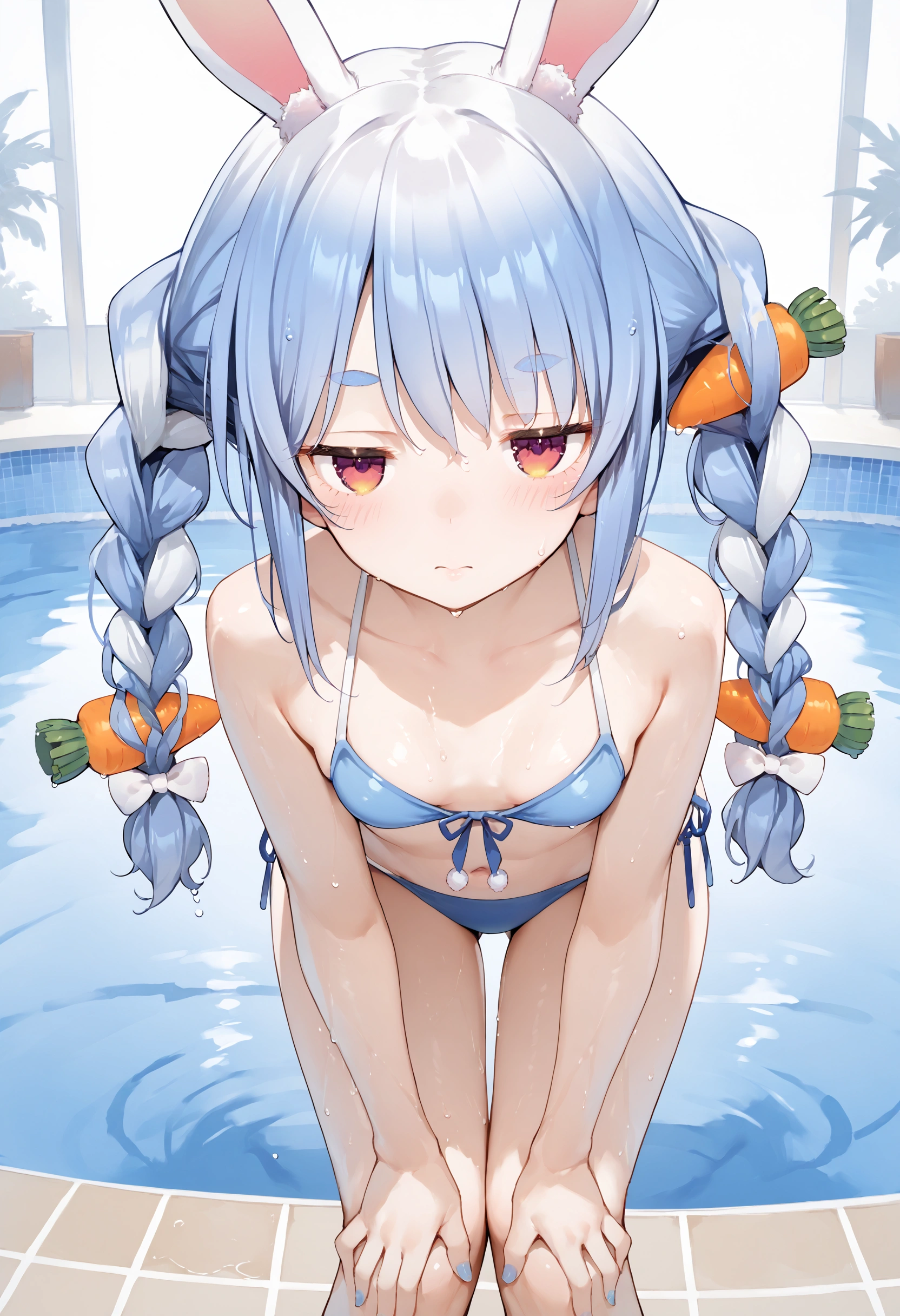 score_9_up, score_8_up, score_7_up,source_anime, pekochan_nml,1girl,animal ears,long hair,rabbit ears,rabbit tail, small breasts, twin braids,carrot hair ornament,blue hair,hair ornament,food-themed hair ornament,looking at viewer,bikini, blue bikini, wet, pool, blush,arms up, pool,(leaning forward:1.3), (hands on knees:1.3)