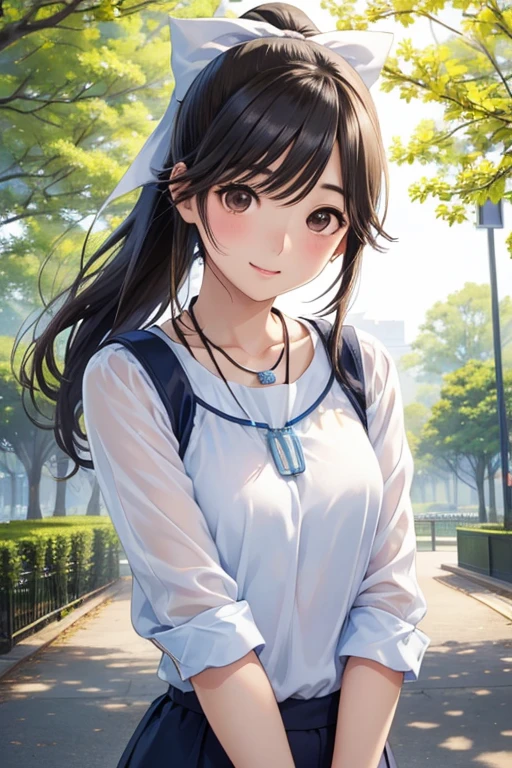 Takane Manaka、 光沢のある茶色のLong Hair、White ribbon ponytail,美しい Brown Eyes 、smile、Sparkling Eyes, (fine grain)、 very detailed eyes、 very detailed face ,  very detailed eyes, masterpiece, Best Quality,  Hi-Res, (Best Quality,masterpiece:1.2),Alone,Alone、 cowboy shots、


Best Quality、 Hi-Res、 high definition、 Hi-Res、 sports gym、(Long Hair、  Medium Chest、 brown hair、 Brown Eyes 、 glossy lips、 glowing skin 、realistic skin texture、 white blouse 、 necklace 、A walk in the park、date)、Love me、 stretch your arms close to me and face me、、 open your mouth、smile)、( depicting only the upper body )