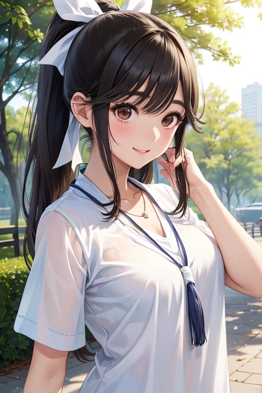 Takane Manaka、 光沢のある茶色のLong Hair、White ribbon ponytail,美しい Brown Eyes 、smile、Sparkling Eyes, (fine grain)、 very detailed eyes、 very detailed face ,  very detailed eyes, masterpiece, Best Quality,  Hi-Res, (Best Quality,masterpiece:1.2),Alone,Alone、 cowboy shots、


Best Quality、 Hi-Res、 high definition、 Hi-Res、 sports gym、(Long Hair、  Medium Chest、 brown hair、 Brown Eyes 、 glossy lips、 glowing skin 、realistic skin texture、 white blouse 、 necklace 、A walk in the park、date)、Love me、 stretch your arms close to me and face me、、 open your mouth、smile)、( depicting only the upper body )