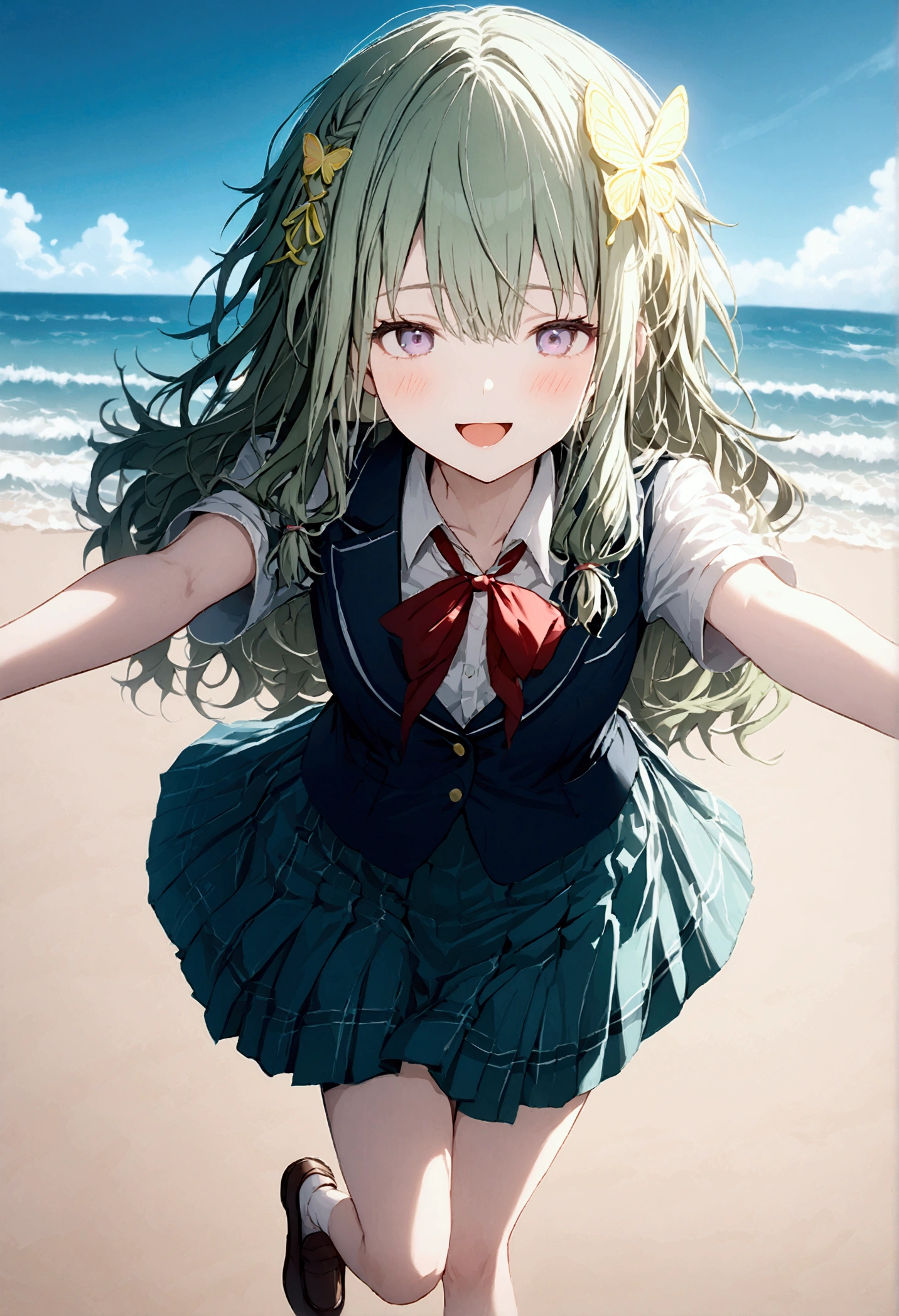 High image quality 、masterpiece、 High Quality  、Full HD、4K 、 depict only one girl、Show me your whole body、Kusanagi Nin々、Green long hair 、Yellow butterfly hair ornament、 purple eyes、slim、 high school uniform 、 smile、Blushing cheeks、Red  on cheeks、 flat chest、Stretch your legs and show me 、 wearing black loafers、 skirt swings 、An empty beach、 open your mouth、Singing、blue sky、Blue Sea