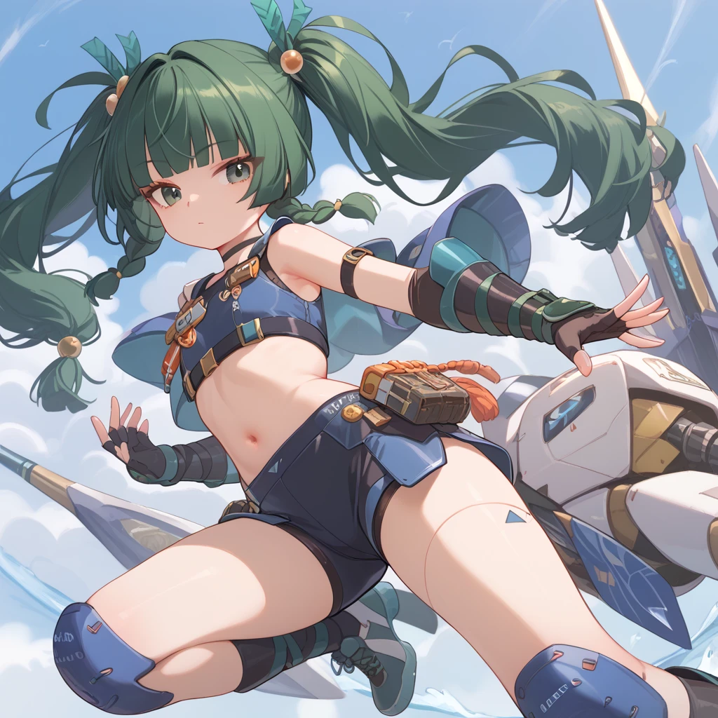 qingyi, green eyes, green hair, very long hair, twintails, blunt bangs, hair bobbles, side braids, hair ornament, robot joints, fingerless gloves, black shorts, navel, choker, crop top, knee pads, elbow gloves, black sneakers, gauntlets, masterpiece, best quality, ultra detailed, intricate detailed, absurdres, highly detailed skin