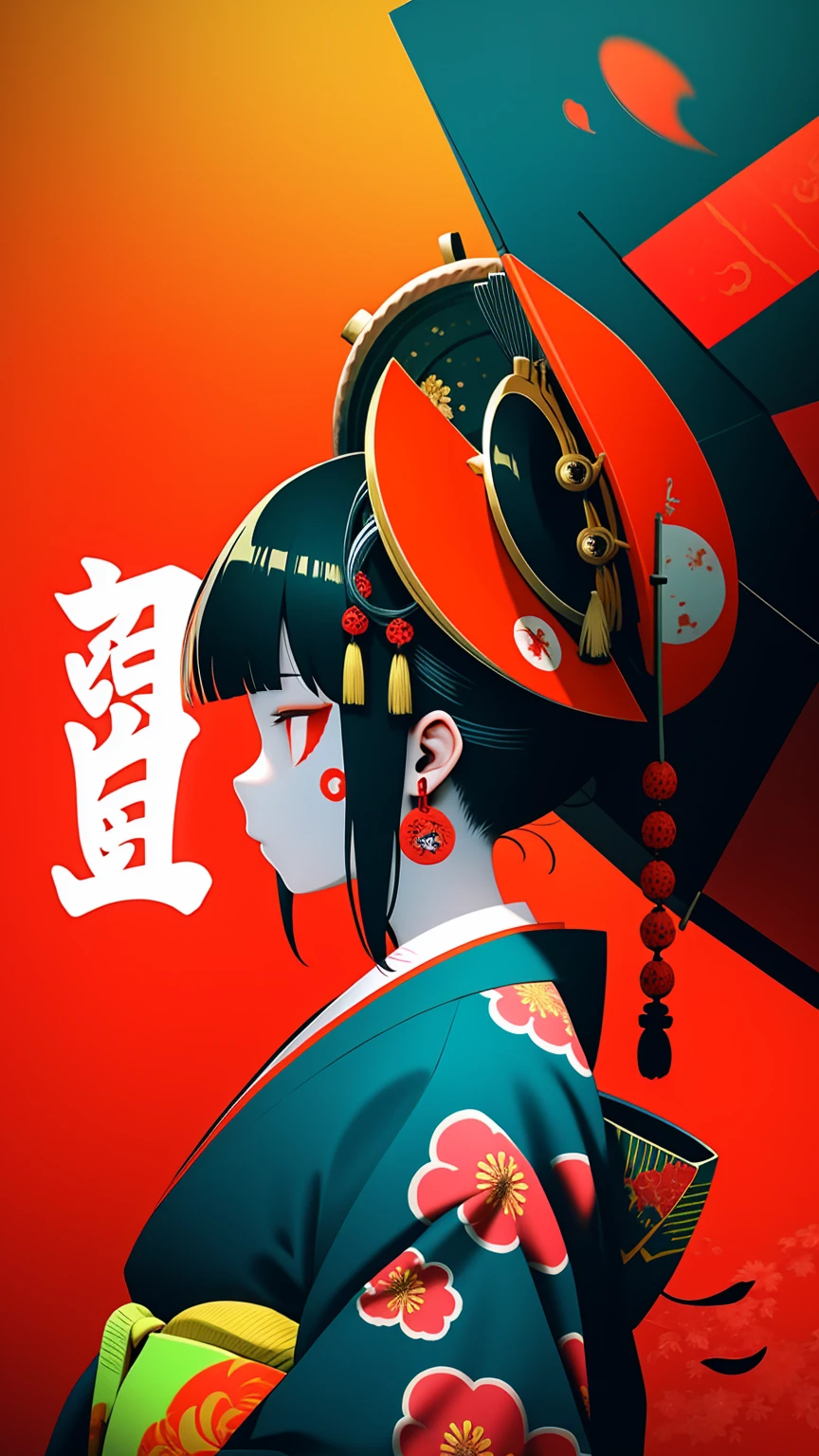 鬼NFT,  1 girl, Alone,  black haired,  jewelry,  earrings for a woman alone, mask, red eyes, japanese clothes, Cinemascope, kimono,  profile, mask on head, Floral print, from side, horn, Tassel, Hair accessories  