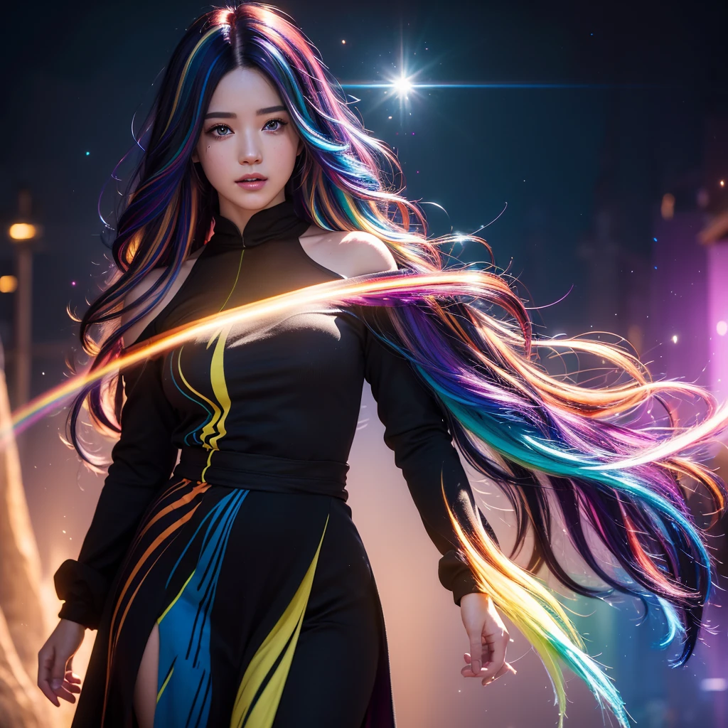 {{masterpiece}}, highest quality, Highly detailed CG Unity 8K wallpaper, cinematic lighting, Lens flare, beautiful detailed eyes, black, side line, multi-colored hair, colorful light, particle, heterochromia, (colorful:1.5), (colorful hair:1.5), black lingery, full body, standing, blur background
