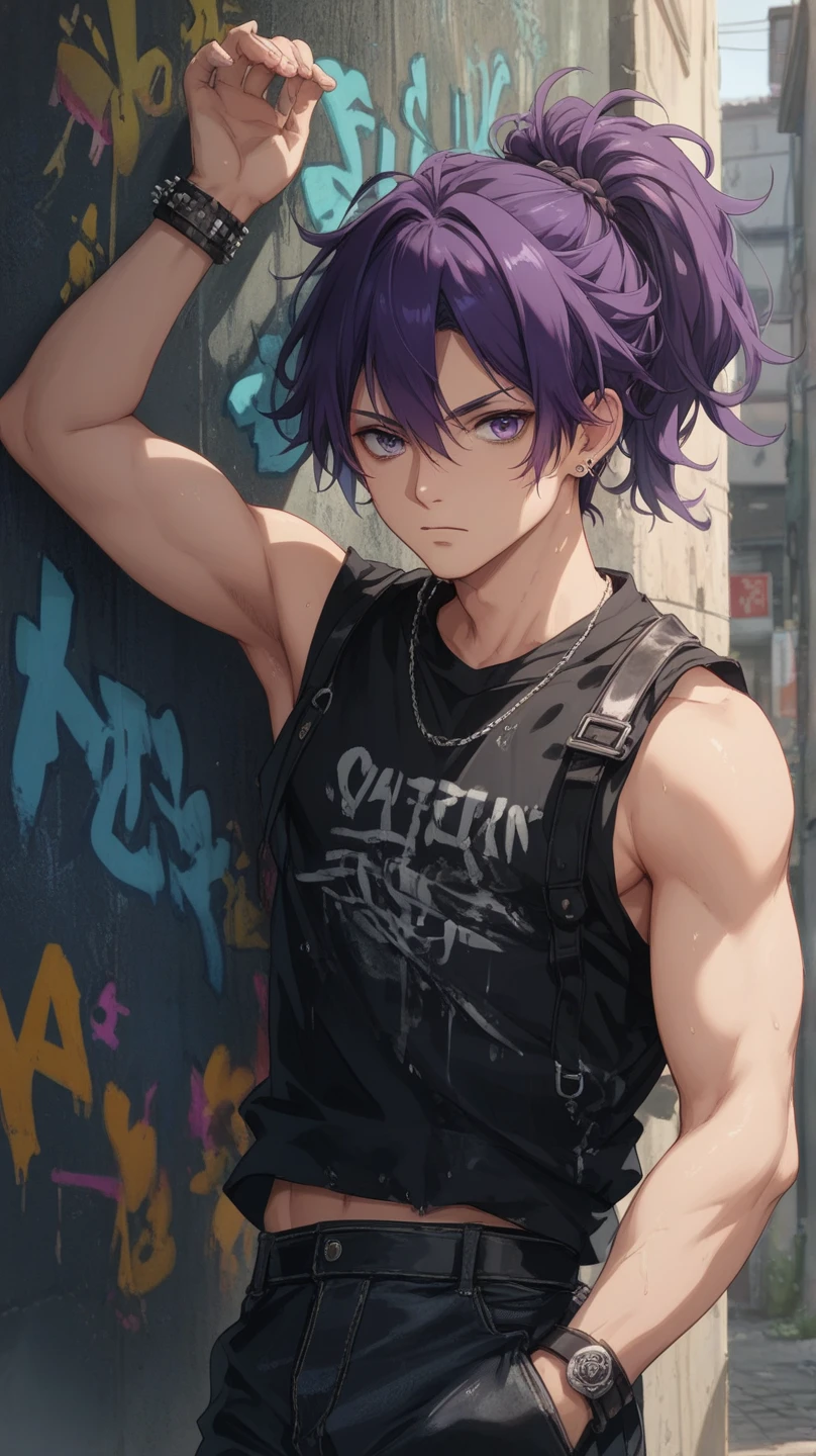 (masterpiece, best quality), 1boy, The main color of purple,purple liquid,younge boy,adolable,infancy,Young age,Submerged in a viscous purple liquid,Short round face,Flat chin,is shy,musculous, short blue-purple hair, Dark gray eyes, 复杂, full bodyesbian,nakeness, White briefs,Pectoralis abdominal muscles,vivd colour,(depth of fields:1.2),(abs),Be red in the face,looking at viewert,A piano,spread their legs,neonlight,Colorful light effects,Fluorescent effects,Purple light effect