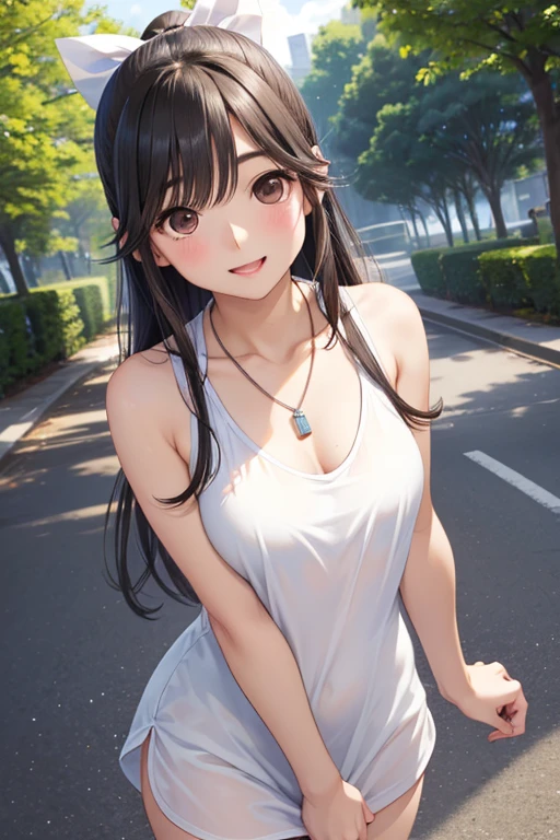 Takane Manaka、 光沢のある茶色のLong Hair、White ribbon ponytail,美しい Brown Eyes 、smile、Sparkling Eyes, (fine grain)、 very detailed eyes、 very detailed face ,  very detailed eyes, masterpiece, Best Quality,  Hi-Res, (Best Quality,masterpiece:1.2),Alone,Alone、 cowboy shots、


Best Quality、 Hi-Res、 high definition、 Hi-Res、 sports gym、(Long Hair、  Medium Chest、 brown hair、 Brown Eyes 、 glossy lips、 glowing skin 、realistic skin texture、yellow camisole mini dress、 necklace 、A walk in the park、date)、Love me、 stretch your arms close to me and face me、、 open your mouth、smile)、