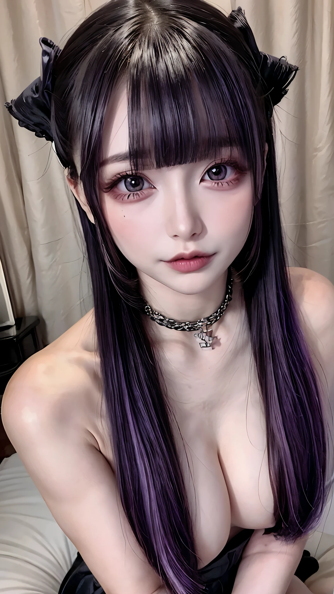 photo shoot, masterpiece, Best Quality, 8k,  Hi-Res,  Hi-Res, ( bed:1.2), ( bright color :1.2), 1 girl,  purple eyes,  Movie Lighting、Purple and   black hair 、(Landmine Girl、 Heavy makeup)、( earrings for a woman alone、たくさんの earrings for a woman alone)、((Heavy makeup、,  glowing skin  、  realistic skin texture  、Beautiful Skin))、  Blue Movie Picture  、( full shot :1.8),Thin arms、Narrow shoulders、 thin waist、Slender body、(( small breasts)), whole body、(Room lighting:-0.8),  (Completely naked:1.5),  choker,cross， twin tails，alternate hair color， Purple and Black Multicolor Hair ,{{{alternate hair color}}}, Purple Hair,  black hair ,{{{ purple streaked hair ,}}},indoor 