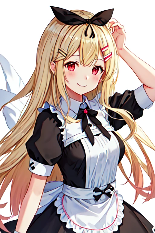 Best Quality, masterpiece,  Hi-Res, Alone, {Maid:1.40}, {length Maid dress:1.15}, {yuudachi_ kantaicolection :1.15}, length_hair, blonde_hair, ribbon, hair_ribbon, hair_flap, hair_ t I , red_eye, hairclip, black_ribbon, smile, , Seraph, breast