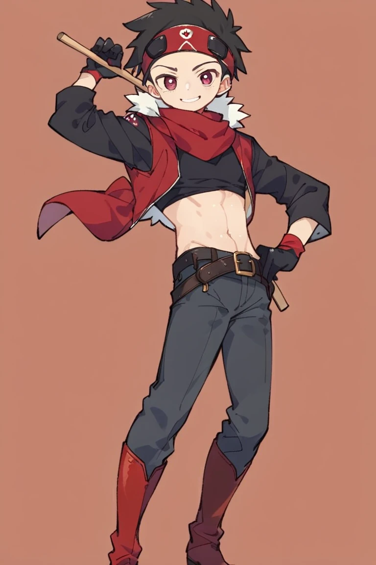 A boy .black hair.Red Scarf (forehead protector).Red Long Sleeve Vest with Red Scarf .Fur Shoulder Fur Collar . Black Long Sleeve Jacket.( Exposes 6 Abdominal Muscles) Chest Open Belly. without a top .Red Leather Gloves Wristbands. Heavy Belt . Knee Length Pants (Bow ). Red Leather Boots .handheld wooden stick.Bandit. Robber Style .Cool Pose.Smile. Background is Forest.Full Body View 