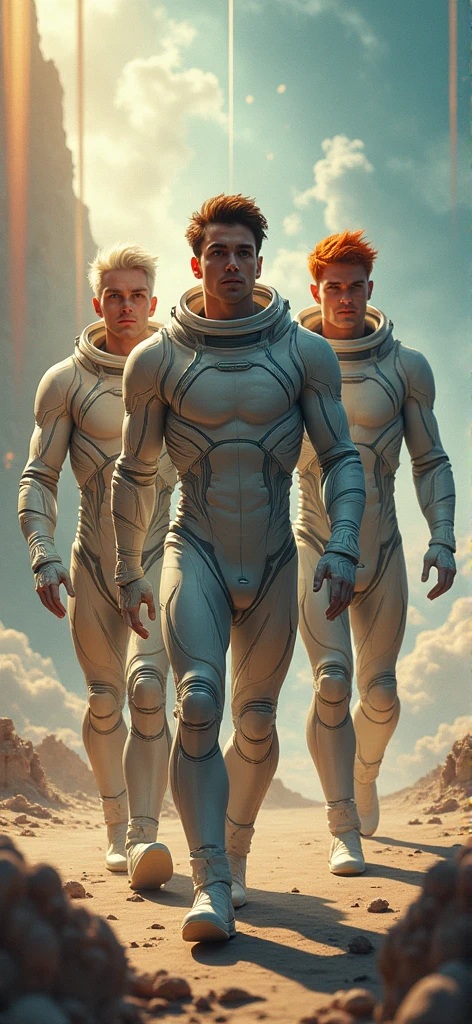 Two realistic handsome naked muscular athletic black men, wearing a revealing transparent black and white uniform and jockstrap, as a future astronaut space captain in a spaceship, dynamic pose, full body image, dynamic pose, seen from a low angle