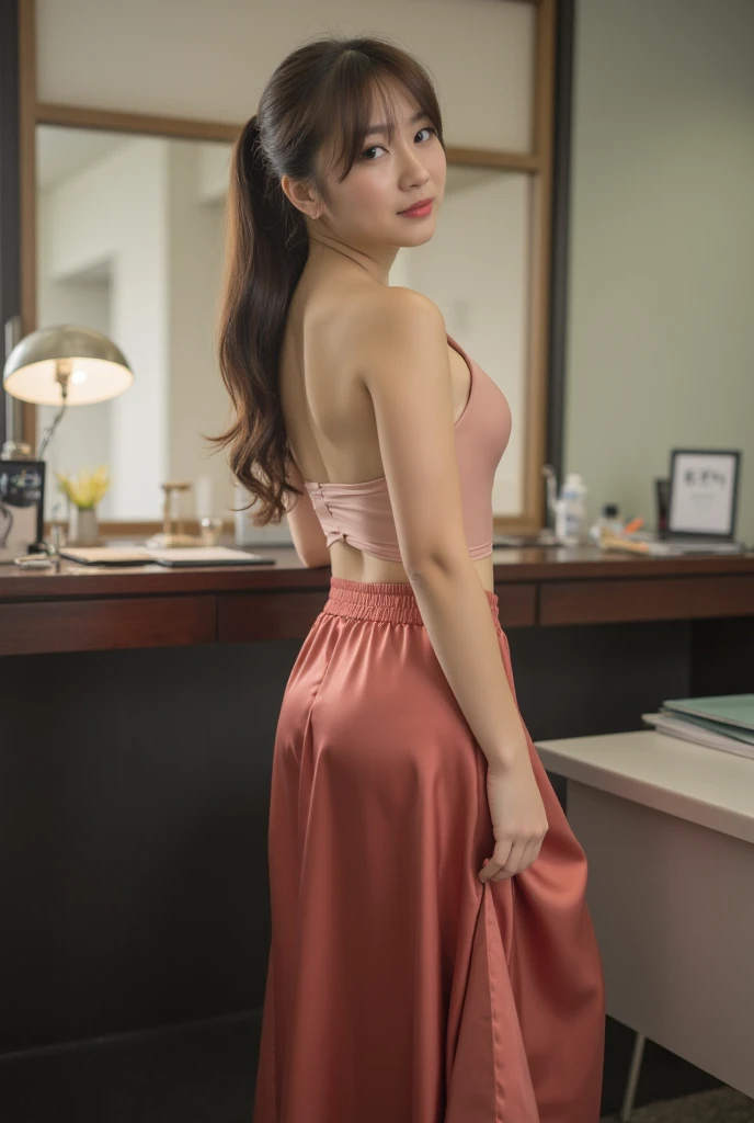 8K, masutepiece, Raw photo, Best Quality, Photorealistic, Highly detailed CG Unity 8k wallpaper, depth of fields, Cinematic Light, Lens Flare, Ray tracing, (Extremely beautiful face, Beautiful lips, Beautiful eyes), intricate detail face, ((Ultra detailed skin)) 1girl in, In the Dark, deepshadow, Pretty Korean girl, Kpop Idol, 1 girl, (Very slim and slender fit muscular body:1.3), ((Looking at Viewer)),(Big smile:1.3), (Midnight, a dark night, (Neon sign), (Blurred background), Dim light), (No people in the background:1.3), Beautiful earrings, Bracelets, Necklace, pantyhose, Clear eyes, Walking , Front shot, (pale skin), (big eye ace forward, (Full body shot), (Brown hairs), open navel, (Looking at Viewer:1.3), Very slim, medium breasts, (Camel toe), thick thighs, turn back, (fluttering mini dress), ((orange and pink lace color dress)), (Tight skirt), ((backtrack, Back shot)), Ultra mini skirt, exposed ass, upper Shot(Wearing fishnet stockings），