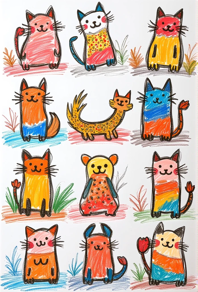  Animal drawing on transparent background, playful line and colorful painting, organized drawings 8x8 