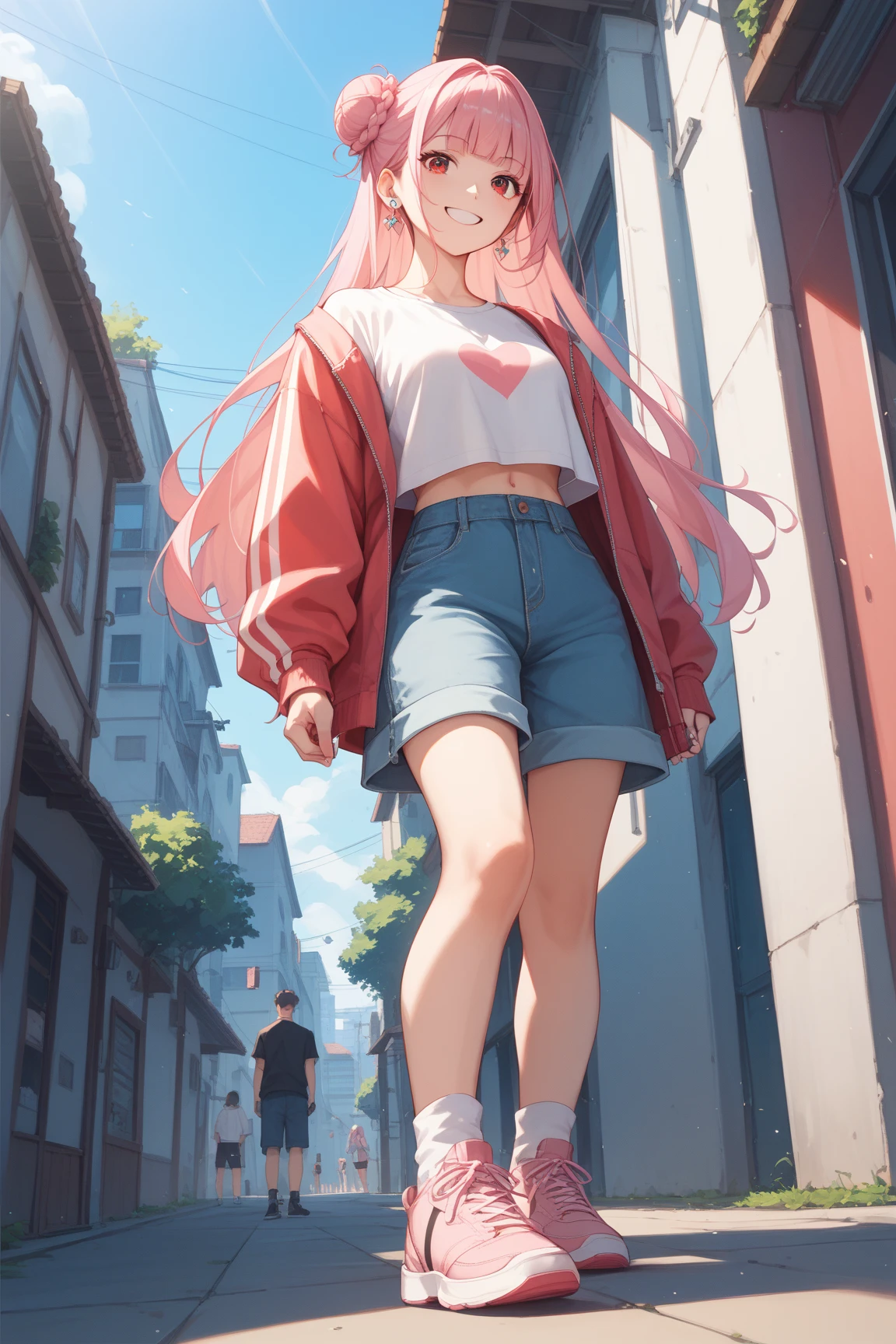 1girl, wearing white shirt, black shorts, red converse shoes, grinning, sharp teeth, walking down a busy street, in a huge city, high quality, high resolution, side view, laughing, mouth open, portrait, eyes closed, furrowed eyebrows
