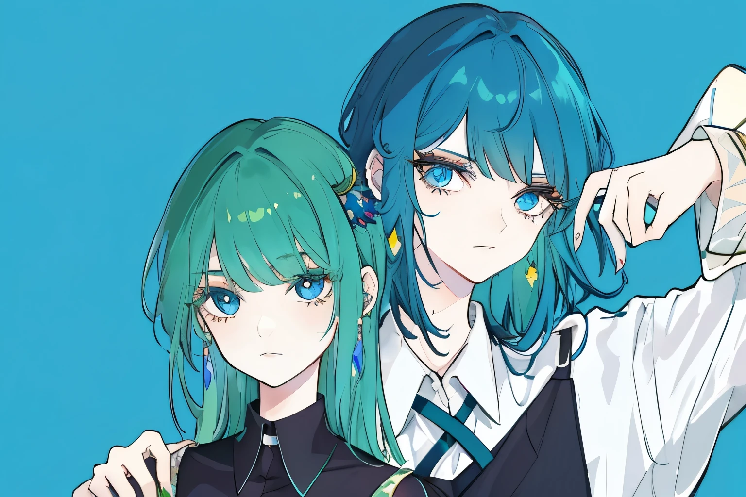 The Minimalists，Fashion Girl，Dark green hair， blue background，Wearing special peacock earrings，Clear eyelashes， Bright Blue Eyes 
