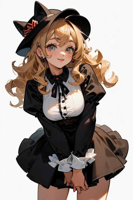 (( Masterpiece: 1.5, Best Quality, High Resolution: 1.3, Super Resolution, Super Detailed, Ultra Detailed: 1.3, Perfect Anatomy: 1.5, 1 Female ) Tanned Skin + Curly Blonde Hair + Hazel Eyes + Long Clear Eyelashes + Female Figure ( Gyaru Style Outfit, Black Short Plush Fluffy Long Sleeve Dress with No Shoulders or Neck, Black Fluffy Hat with Long Plush Ears, Piercings on Her Lips ) (( Cute Eyes, Cheerful Expression ))