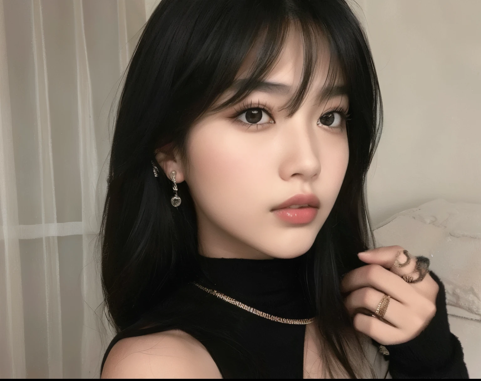 Araffe asian woman with black hair and a black top, Lalisa Manobal, Mulher sul-coreana bonita, Ulzzang,  coreana, linda mulher coreana jovem, dilraba dilmurat, mulher coreana jovem bonita, cruel korean goth girl,  bonito-fino-cara, young adorable korean face, Ela tem cabelo preto com franja