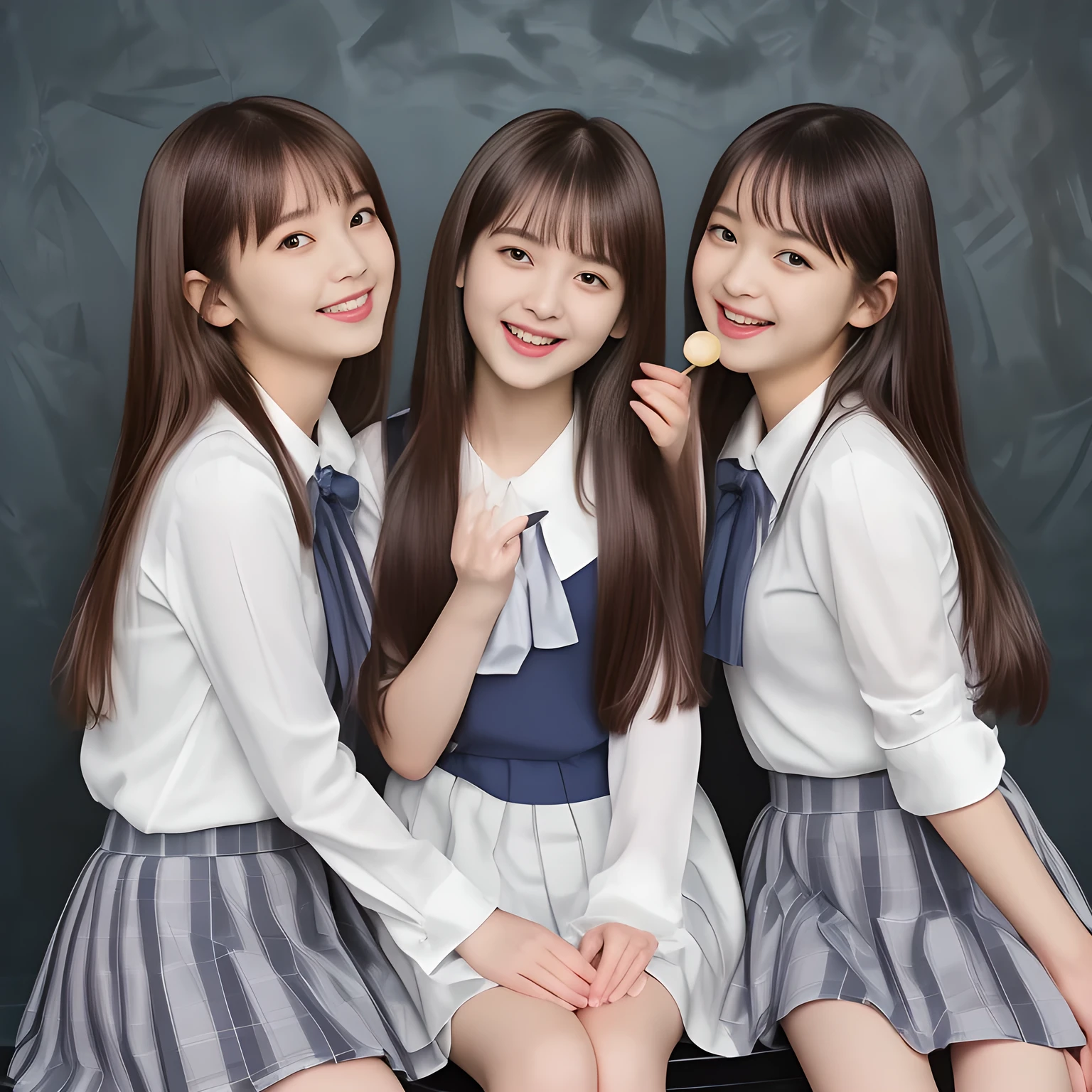 (Highest quality, masterpiece:1.2), Highest quality, High resolution, 1080P, 8k, height: 158cm, (Two yo Japanese beautiful girl idols are seated and giving subliminal invitation and temptation, cute skirt with beautiful knees, looking at the viewer, can't stop showing cute smile open mouth because of feeling too funny about the viewer, very white-white face, very proud of her long straight black hair, using face-whitening cosmetics, 13irl's prominent eyes, opened laughing giggling most open mouth, too expensive luxurious glossy too-much-girly erotic frilled ivory silk blouse, woolen navy-checkered large-box-pleats school-skirt and bewitching ribbon on the breast, well-straitened super-super-long well-trimmed long hair, evenly neatly trimmed girly cute bangs: 1.5), (white thighs and knees: 1.7), (Well-balanced, impressive, lovely, drooping, double-eyelids, black shining large prominent eyes of 13yo il with detailed: 1.5), ((Beautiful well-figured glossy opened laughing lips: 1.2)), (mature breast), (The viewer can't stop kissing them because of her beauty and subliminal strong invitation), (Very beautiful, super-glossy, cute neat black amazingly long hair, straight well-done long hair-style: 1.3), (plain blue background: 1.6), (Best style like a 14yo fason model, mature breast), (((Completely balanced beautiful big big eyes, looking at me))), (eyes, face and hair are especially beautifully detailed and beautifully drawn: 1.5), (Satisfactory best shot by professional famous photographer for school girl's beauty: 1.5), (The soft white light clearly shows her face extremely white: 1.2), (Feel too luxurious and expensive, girly frilled), (School uniform, too-cute slender 13yo super-long-hair Japanese beautiful-young-girl idol twins, Super long hair 13yo super-beautiful super-cute 13yo idol of pure girls photo magazine in Japan are laughing and licking the other's hand each other with super-wide open open laughing mouth like eating the viewer: 2.0)