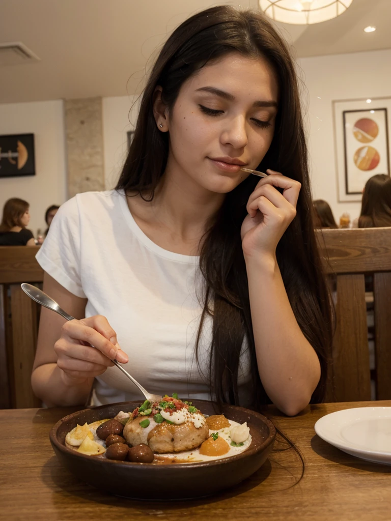 35mm, 8K, RAW photos, Fujifilm, Woman eating a very, very large piece of bread