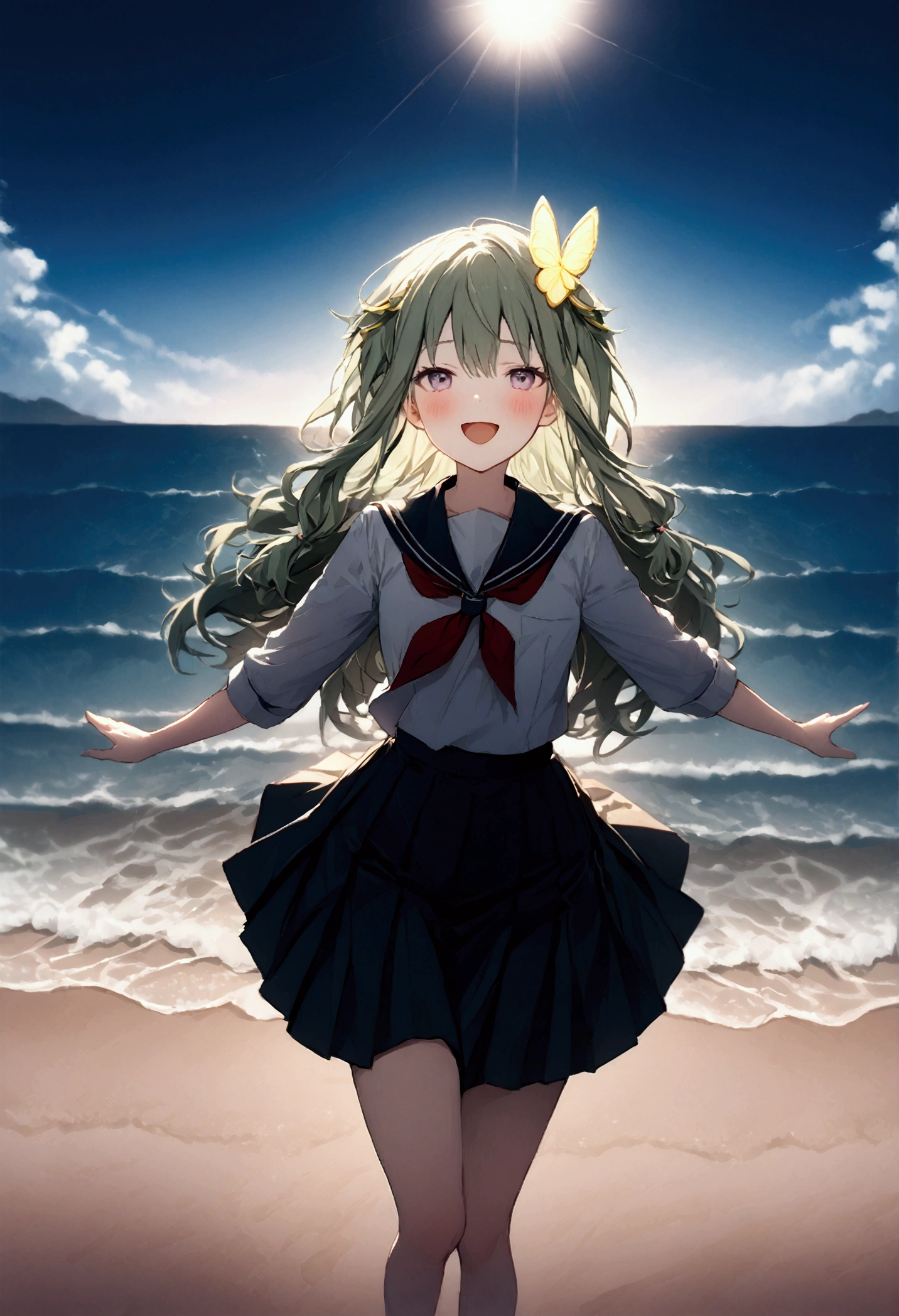 High image quality 、masterpiece、 High Quality  、Full HD、4K 、Depict only one girl、Show me your whole body、Kusanagi Nin々、Green long hair 、Yellow butterfly hair ornament、 purple eyes、slim、 high school uniform 、 smile、Blushing cheeks、Red  on cheeks、 flat chest、Stretch your legs and show me 、 wearing black loafers、 skirt swings 、An empty beach、 open your mouth、Singing、blue sky、Blue Sea