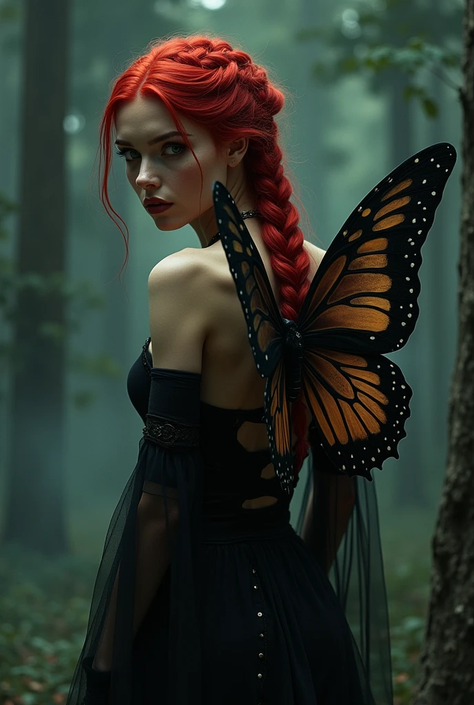 Long red hair, purple eyes, butterflies, gothic dress, magic, darkness 