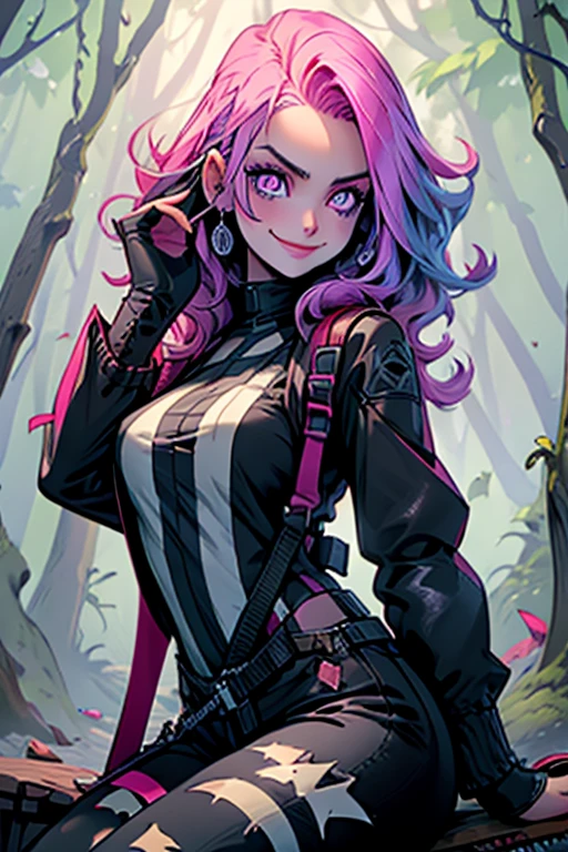 Perfect face. Perfect hands. A pink haired woman with violet eyes with an hourglass figure in a leather jumpsuit is sitting with her scythe on her lap with a big smile in a creepy forest