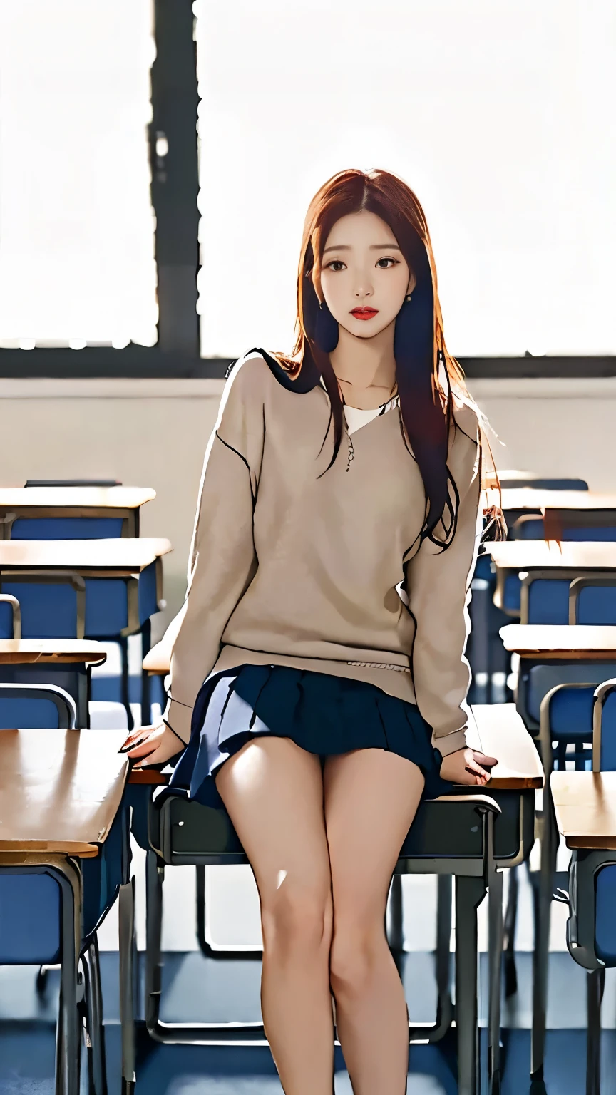 beautiful ***-**** girl sitting at a table in a classroom with a blackboard Beautiful young girl Shin Se-kyung, 18 years old, fair skin, large hoop earrings, school sweatshirt, vagina, pleated skirt, high heels, medium sun during daytime, hyperrealistic, body model, small breasts, beautiful breasts, nipples, long hair, straight hair, red hair, long legs, 8K, super high resolution, best quality, classroom, school, RAW portrait, cherry blossom, lighting environment, ray tracing, highlight shadows, fabric physics simulator, camera focus on thighs, sexy pose, sitting on school chair, large amount of cloudy liquid dripping from genitals