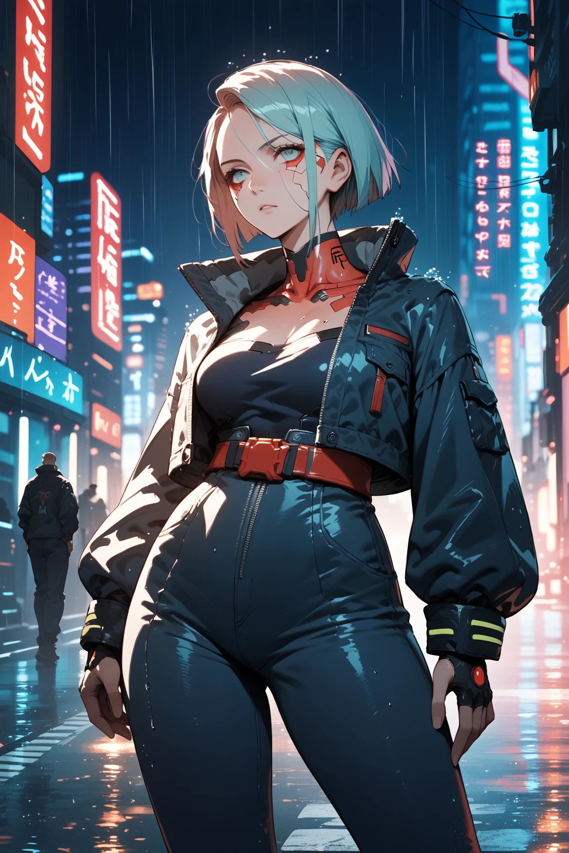 score_9, score_8_up, score_7_up, score_6_up, source_anime, score_anime, 1girl, ninja standing in a dark street, in the rain, of Tokyo, with only the neon street lights lighting up the street, cyberpunk style, sci-fi, 