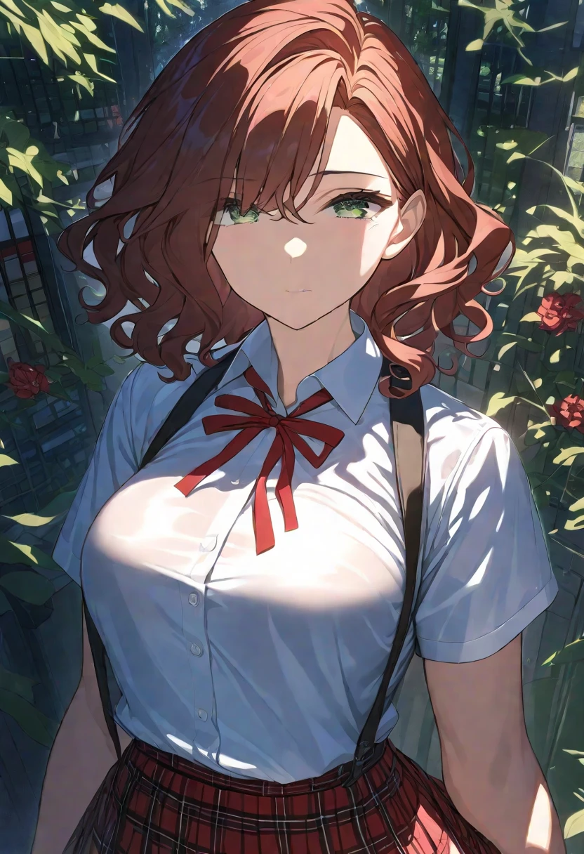 Masterpiece, hdr, bloom, 4k, Anime-style illustration featuring a beautiful female student, madokahiguchi, madoka_higuchi, short hair, dark brown hair, eyebrows hidden by hair, wavy hair, dark green eyes, (minigirl), slightly downturned eyes, large breast, She is wearing a formal school uniform, black blazer, white shirt, red neck ribbon, red plaid skirt, see-through black pantyhose. Clubroom, detailed background, look at viewer