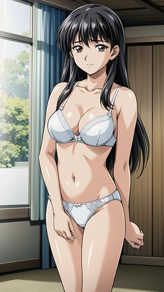 Takashima Miyuki 、21 years old、 black hair、Long Hair、、悲しいface、Brown Eyes 、 Full Body Style 、 normal breasts、、 narrow waist 、Bare legs、In underwear、、 upper body bra、 white bra、lower body panties ，White ribbon panties，White pumps、 OFFICIAL ART, Extremely Fine CG Unity 8k Wallpaper , full light,  colorful , bright _ Front_face_Lighting,  shiny skin, ( masterpiece:1.0),(Highest_quality:1.0), 超 Hi-Res,4K, Ultra Detailed Photoshoot , 8k,  Hi-Res,  Hi-Res,  absurd:1.2,  Kodak Portra 400, film grain,  blurry background, Bokeh:1.2,  lens flare , ( lively_ color:1.2), Professional photography, Anime Images、