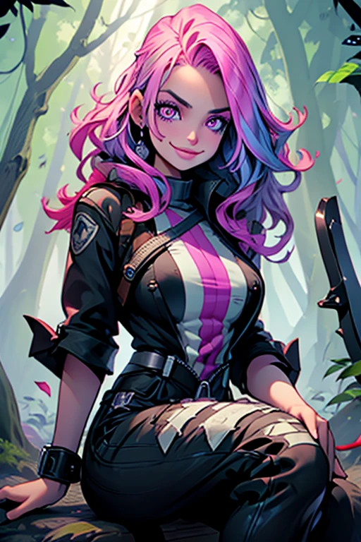 Perfect face. Perfect hands. A pink haired woman with violet eyes with an hourglass figure in a leather jumpsuit is sitting with her scythe on her lap with a big smile in a creepy forest