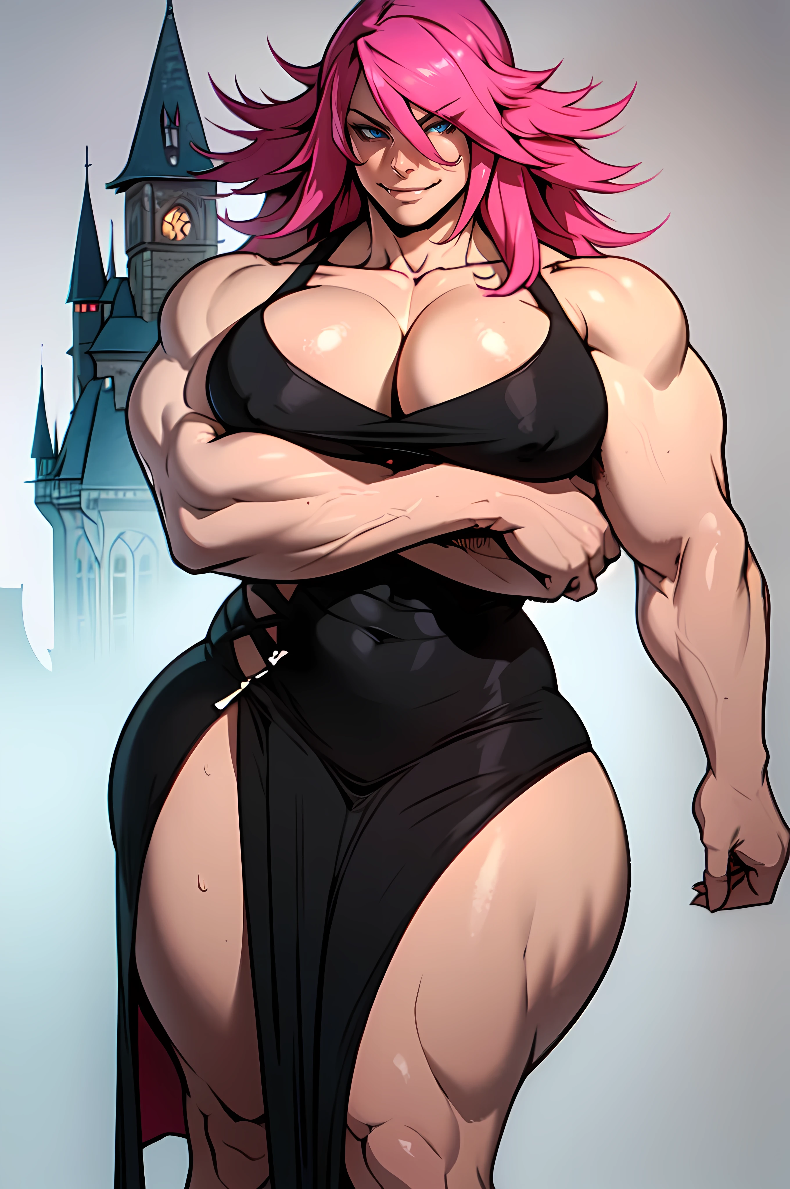 poison ((EROTIC POSE)) ((MASSIVE FEMALE BODYBUILDER)) big body ((huge breasts)) very long platinum hair 1girl long black dress cowboy shot ((curvy)) castle background