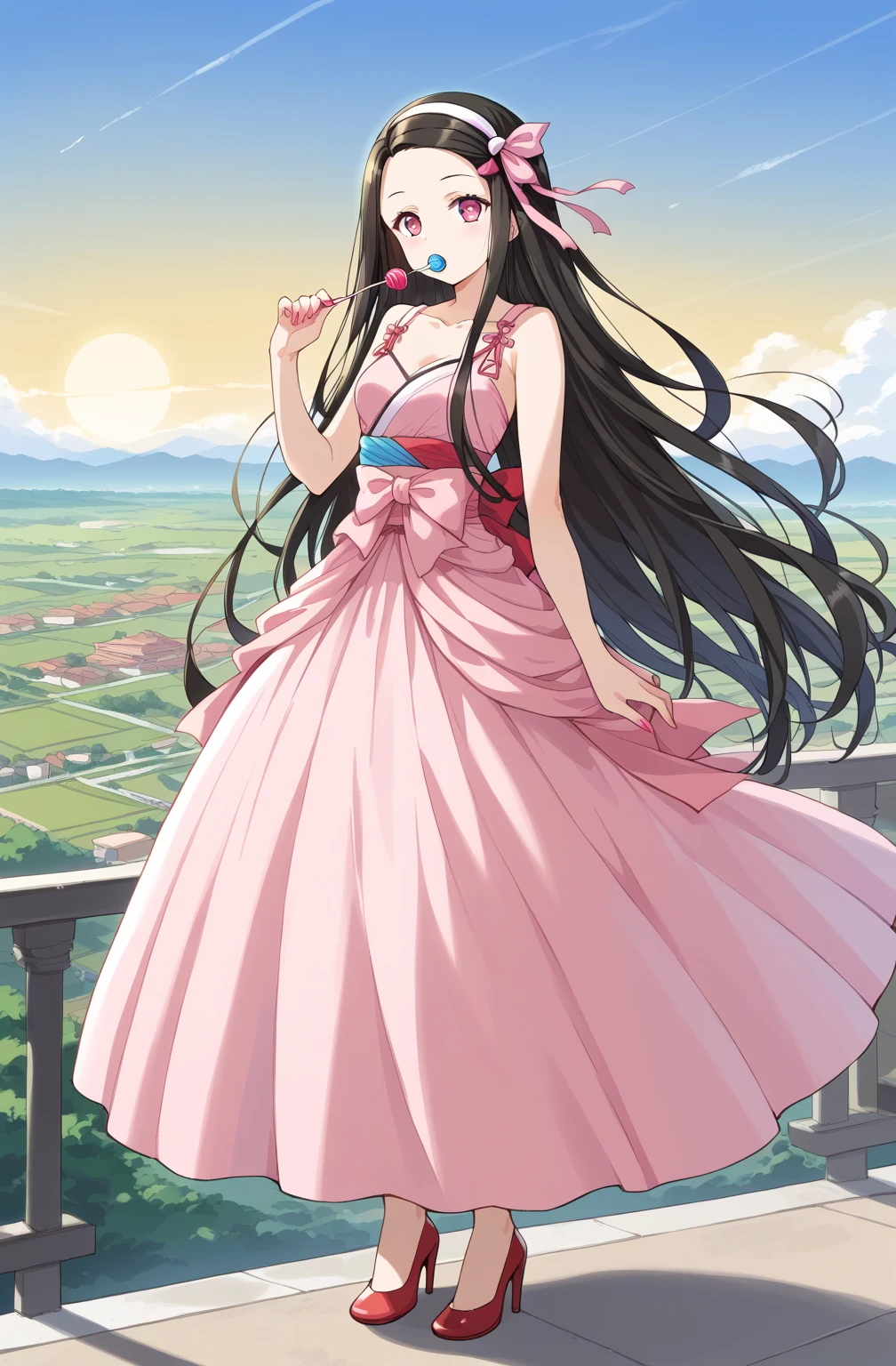 source_Cartoon, dark black hair with red..long target hair,, extra long target hair, pink eyes, ribbon, forehead...ribbon, Kamado Nidouzi,, 1 girl, brown, front, headband, normal, long hair , black hair and red hair, pink eyes, , pink nails, pink ribbon, colorful evening dress, high heels, beautiful Japanese ancient city landscape, ((target work) lollipop in mouth