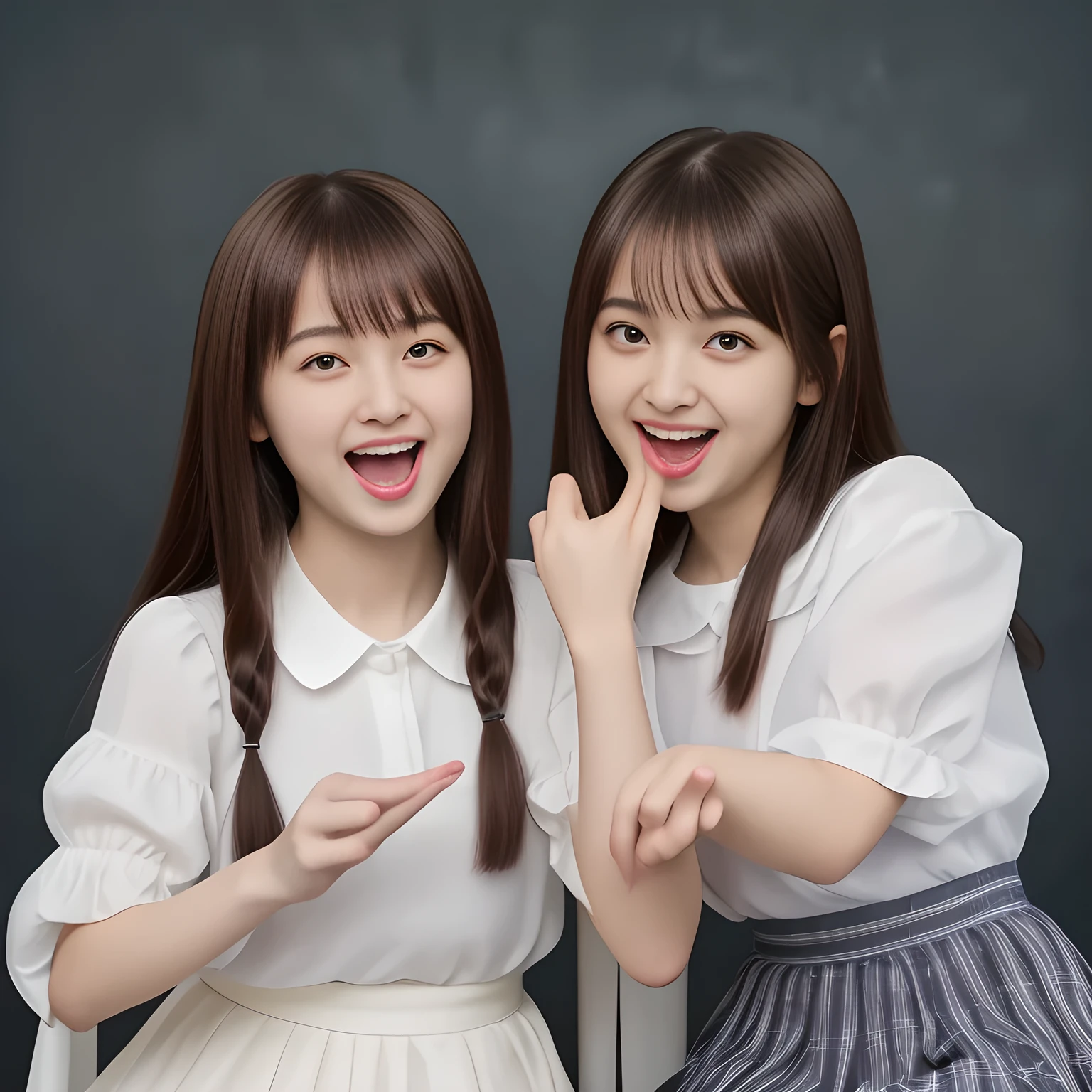 (Highest quality, masterpiece:1.2), Highest quality, High resolution, 1080P, 8k, height: 158cm, (Two yo Japanese beautiful girl idols are seated and giving subliminal invitation and temptation to the viewer, cute skirt with beautiful knees, looking at the viewer, can't stop showing cute smile open mouth because of feeling too funny about the viewer, very white-white face, very proud of her long straight black hair, using face-whitening cosmetics, 13 girl's prominent eyes, opened laughing giggling most open mouth, too expensive luxurious glossy too-much-girly erotic frilled ivory silk blouse, woolen navy-checkered large-box-pleats school-skirt and bewitching ribbon on the breast, well-straitened super-super-long well-trimmed long hair, evenly neatly trimmed girly cute bangs: 1.5), (white thighs and knees: 1.7), (Well-balanced, impressive, lovely, drooping, double-eyelids, black shining large prominent eyes of 13yodol with detailed: 1.5), ((Beautiful well-figured glossy opened laughing lips: 1.2)), (mature breast), (The viewer can't stop madly kissing them because of her beauty and subliminal strong invitation), (Very beautiful, super-glossy, cute neat black amazingly long hair, straight well-done long hair-style: 1.3), (plain blue background: 1.6), (Best style like a 14yo fhion model, mature breast), (((Completely balanced beautiful big big eyes, looking at me))), (eyes, face and hair are especially beautifully detailed and beautifully drawn: 1.5),  (The soft white light clearly shows her face extremely white: 1.2), (Feel too luxurious and expensive), (School uniform, too-cute slender 13yo super-long-hair Japanese beautiful-young-girl idol twins, Super long hair 13yo super-beautiful super-cute 13yo idol of pure girls photo magazine in Japan are laughing and licking the other's hand each other with super-wide open open laughing mouth like eating the viewer: 2.0)