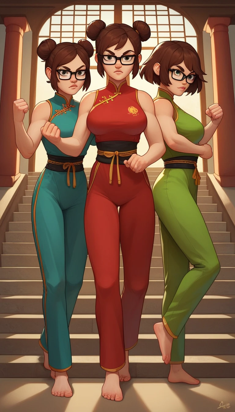 lisaloud, 3girls, trio, 24yo girl, large breasts, green cheongsam,  glasses, two hair buns,  inside of a chinese temple, looking at viewer, brown hair, short, hands  score_9, score_8_up, score_7_up,  teep fighting stance,martial arts, stairs behind her, guarding the stairs, triplet twins, long pants