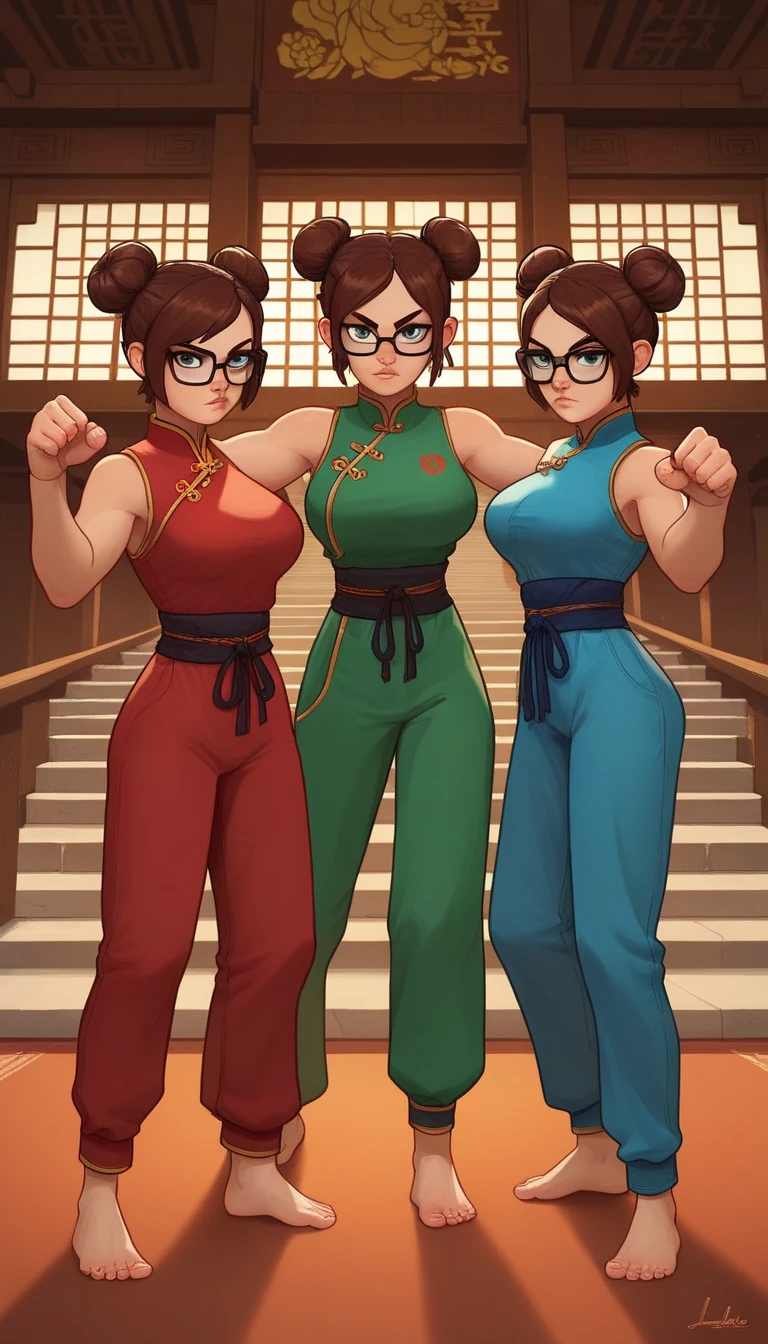 lisaloud, 3girls, trio, 24yo girl, large breasts, green cheongsam,  glasses, two hair buns,  inside of a chinese temple, looking at viewer, brown hair, short, hands  score_9, score_8_up, score_7_up,  teep fighting stance,martial arts, stairs behind her, guarding the stairs, triplet twins, long pants