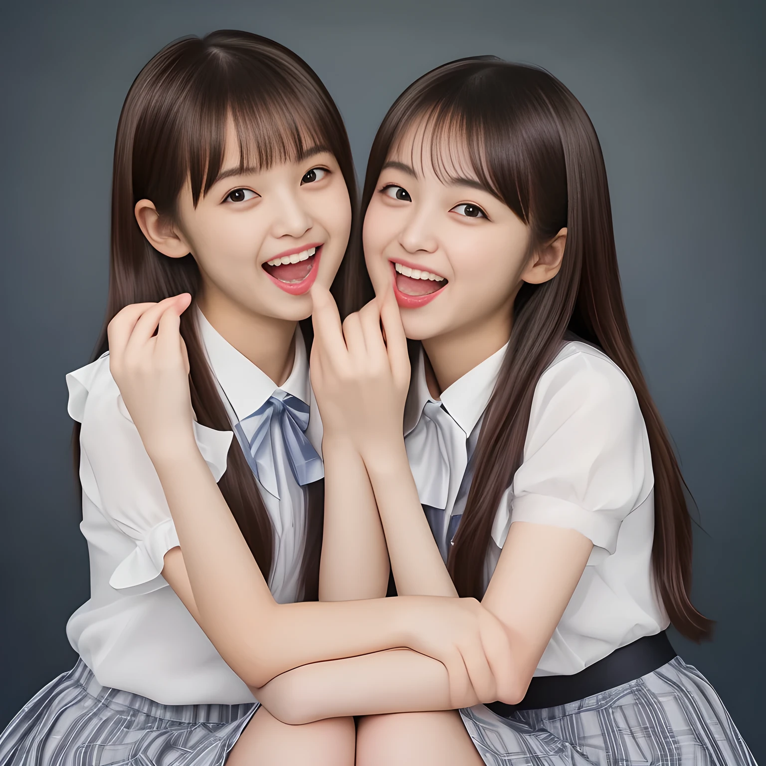 (Highest quality, masterpiece:1.2), Highest quality, High resolution, 1080P, 8k, height: 158cm, (Two **** Japanese beautiful girl idols are seated and giving subliminal invitation and temptation to the viewer, cute skirt with beautiful knees, looking at the viewer, can't stop showing cute smile open mouth because of feeling too funny about the viewer, very white-white face, very proud of her long straight black hair, using face-whitening cosmetics, **** girl's prominent eyes, opened laughing giggling most open mouth, too expensive luxurious glossy too-much-girly erotic frilled ivory silk blouse, woolen navy-checkered large-box-pleats school-skirt and bewitching ribbon on the breast, well-straitened super-super-long well-trimmed long hair, evenly neatly trimmed girly cute bangs: 1.5), (white thighs and knees: 1.7), (Well-balanced, impressive, lovely, drooping, double-eyelids, black shining large prominent eyes of **** idol with detailed: 1.5), ((Beautiful well-figured glossy opened laughing lips: 1.2)), (mature breast), (The viewer can't stop madly kissing them because of her beauty and subliminal strong invitation), (Very beautiful, super-glossy, cute neat black amazingly long hair, straight well-done long hair-style: 1.3), (plain blue background: 1.6), (Best style like a **** fashion model, mature breast), (((Completely balanced beautiful big big eyes, looking at me))), (eyes, face and hair are especially beautifully detailed and beautifully drawn: 1.5),  (The soft white light clearly shows her face extremely white: 1.2), (Feel too luxurious and expensive), (School uniform, too-cute slender **** super-long-hair Japanese beautiful-young-girl idol twins, Super long hair **** super-beautiful super-cute **** idol of pure girls photo magazine in Japan are laughing and licking the other's hand each other with super-wide open open laughing mouth like eating the viewer: 2.0)