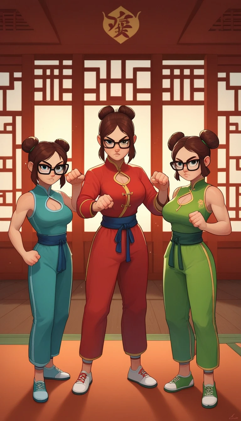 lisaloud, 3girls, trio, 24yo girl, large breasts, green cheongsam,  glasses, two hair buns,  inside of a chinese temple, looking at viewer, brown hair, short, hands  score_9, score_8_up, score_7_up,  teep fighting stance,martial arts, triplet twins, long pants, chest window