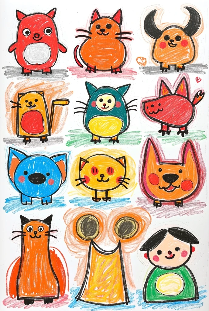  Animal drawing on transparent background, playful line and colorful painting, organized drawings 8x8 