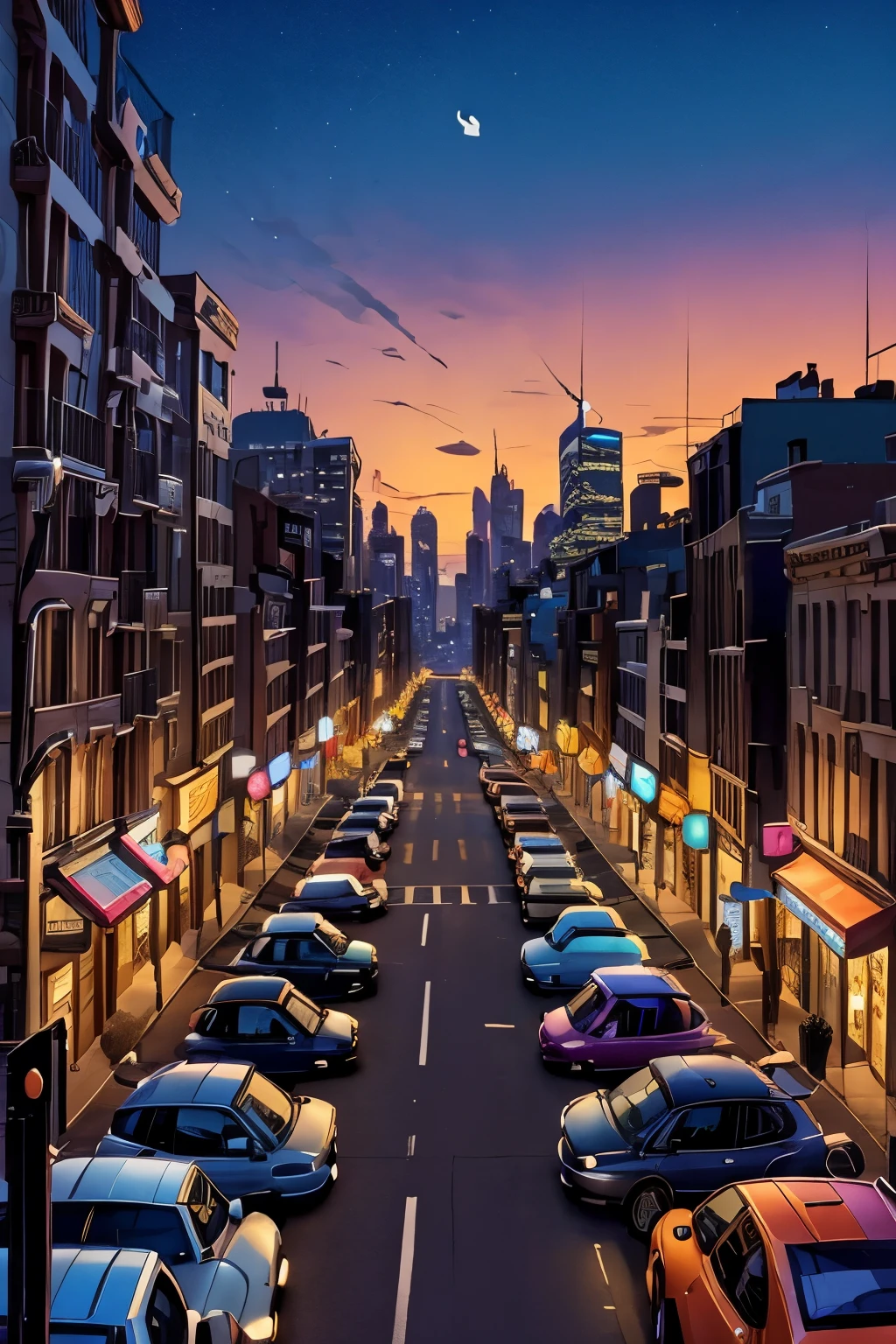 a view of a city street with a few cars parked on the side of it, beautiful cityscape, beautiful city, amazing wallpaper, beautiful iphone wallpaper, city twilight landscape, dusk on a city street, city street at dusk, phone wallpaper hd, twilight in the city, city sunset night, street city night, beautiful wallpaper, city sunset, city streets, hd phone wallpaper