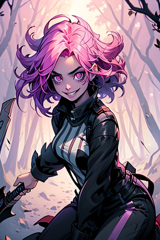 Perfect face. Perfect hands. A pink haired woman with violet eyes with an hourglass figure in a leather jumpsuit is leaning  forward with her scythe with a big smile in a creepy forest