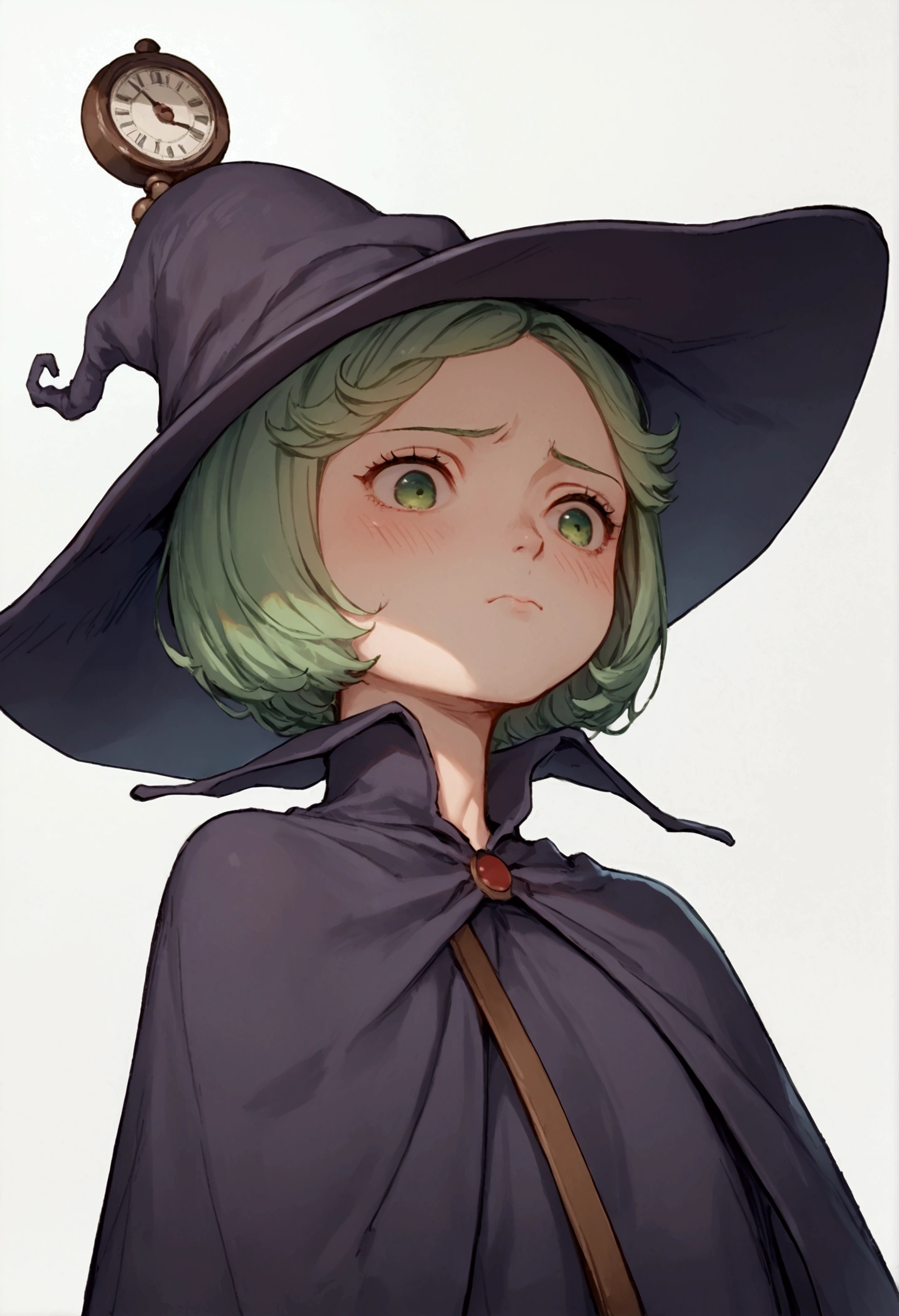  score_9,  score_8_up,  score_7_up, sauce_Anime BREAK,  1 girl, Alone, White background, Schierke,  bob cut from the front,  GREEN HAIR , green eyes, naked,  smaller breasts,  flat chest, Witch hat, clock, ( short stature ),  embarrassed face, the above, Low Angle, whole body
