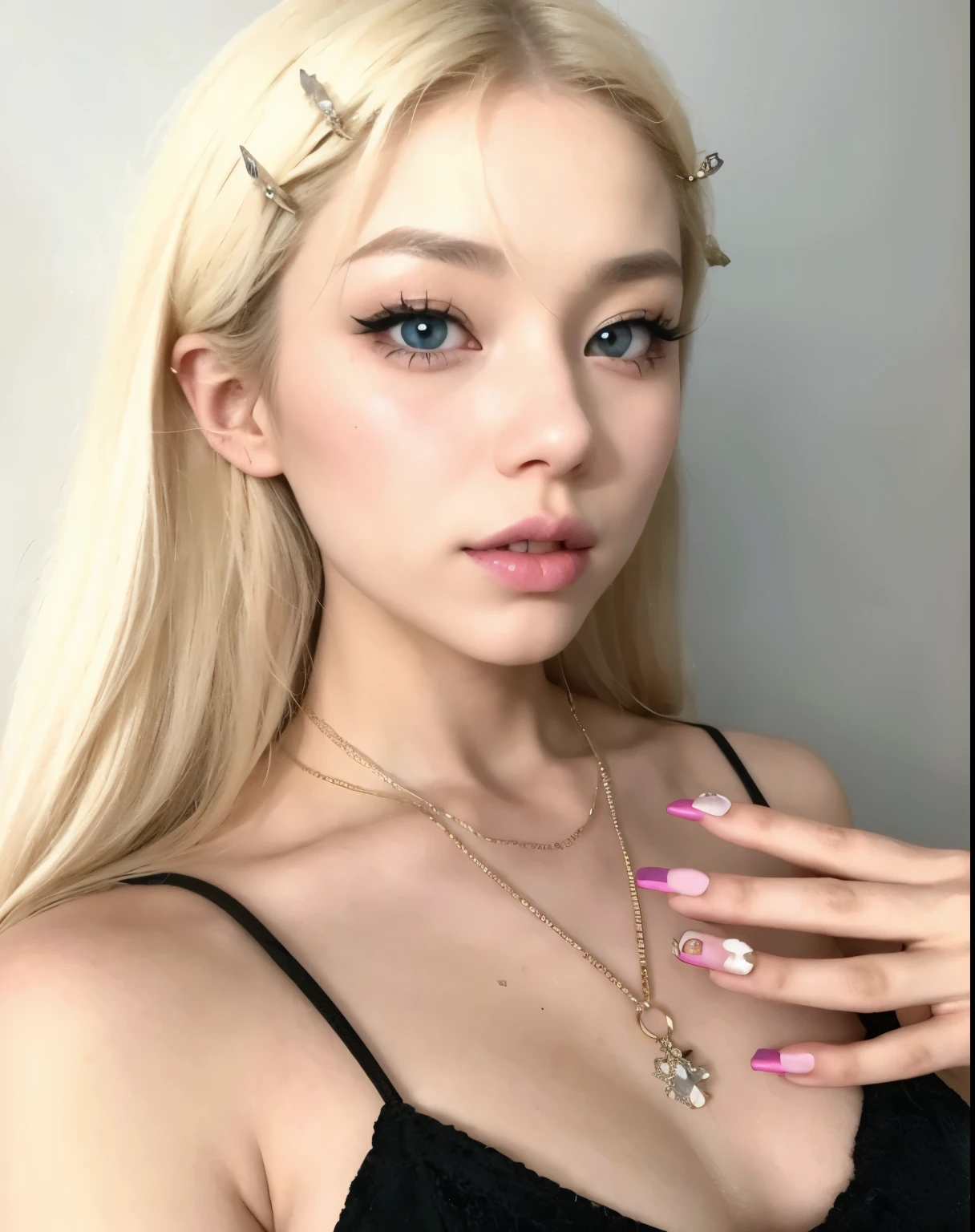 Woman with long blonde hair and a black top posing for a photo, dulce conejita ultrarrealista, Hermosa Delphine, realistic kawaii portrait, pale milky white porcelain skin, pale porcelain white skin, Sexy face with full makeup, with long hair and piercing eyes, Long blonde hair and big eyes, Hyperrealistic anime, Long blonde hair and big eyes, cruel korean goth girl