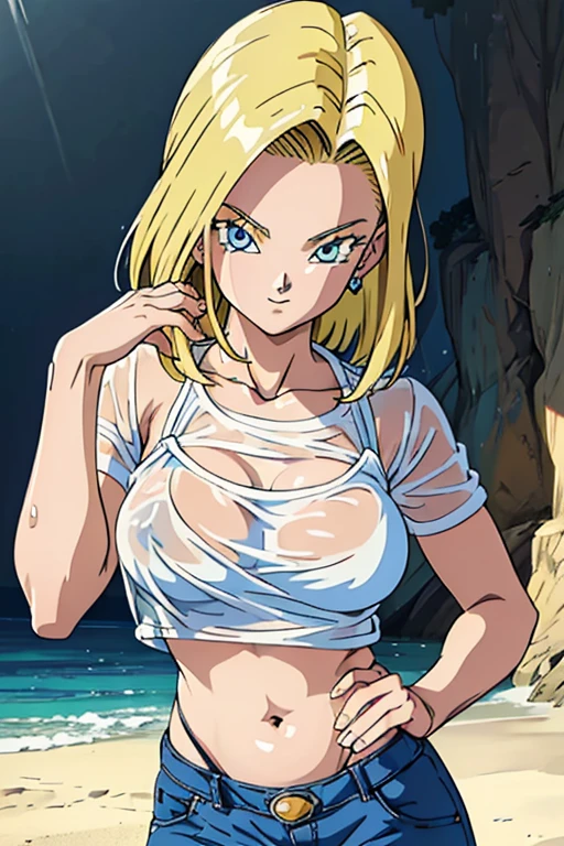 (masterpiece,Best Quality, 4K, 8k, Ultra delicate, masterpiece:1.2), Super detailed, (Realistic, photoRealistic, photo-Realistic:1.37) , Dragon Ball Android No. 18,Created in Dragon Ball anime style,(Her hair is bright gold),Bob Hair,Show your forehead,Android 18 hairstyle,(Realisticな肌),smile, beautiful skin , Charming, beautiful details in her eyes ,Beautiful light blue eyes,(white super micro bikini), and pull your breasts together,Exposing your belly,belly button,Waistline,See-through pants,Wet bare skin,(sea), sandy beach,Sunshine spot 1.3,アートスタイルはCharmingなアニメスタイルに似ている, rendering, HDR must be added for better visual effects  ,Ultra delicate,  studio lighting  , Fine painting,  sharp concentration, 物理ベースrendering, professional,  bright color ,(((Best Quality))), ((Super detailed)),((masterpiece:1.5)), Detailed Photos, (Best Quality: 1.4), Ultra delicate, High image quality,Perfect means,Perfect body,Perfect means