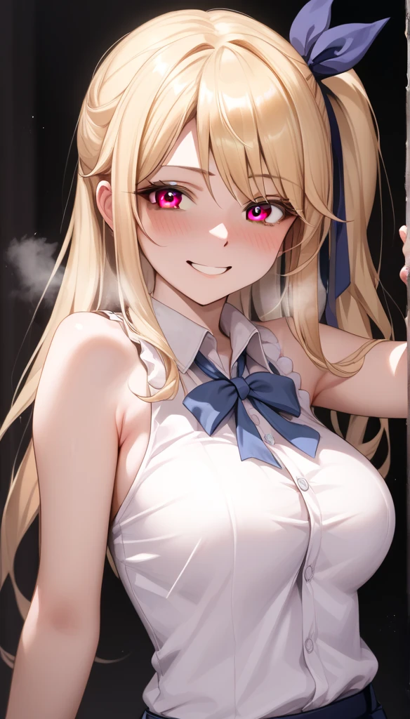 score_9, score_8_up, score_7_up, masterpiece, top_quality, source_animation, real_rated_exposure, super_detailed_face, super_detailed_eyes abuse, 

large breasts, lucy heartfilia, solo, blonde hair, brown eyes, long hair, side ponytail, bare shoulders, sleeveless, hair ribbon, evil smile, blush, breath, upper