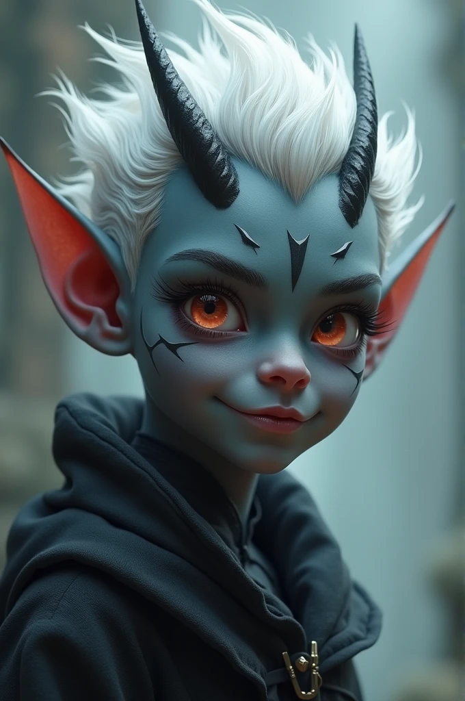 score_9, score_8_up, score_7_up, score_6_up, source_cartoon, 1girl, portrait face, (close up:1.4), white background, simple background, concept art, blue imp, (blue skin:1.3), freckles, (four horns:1.2), short, bald, petite, pointy ears, red leathery wings, cute, yellow glowing eyes, no eyes, nude, small blue horns,