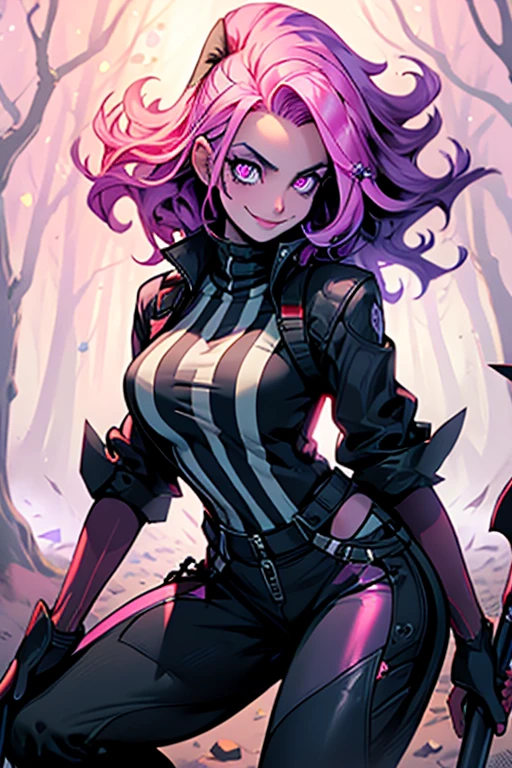 Perfect face. Perfect hands. A pink haired woman with violet eyes with an hourglass figure in a leather jumpsuit is leaning  forward with her scythe with a big smile in a creepy forest